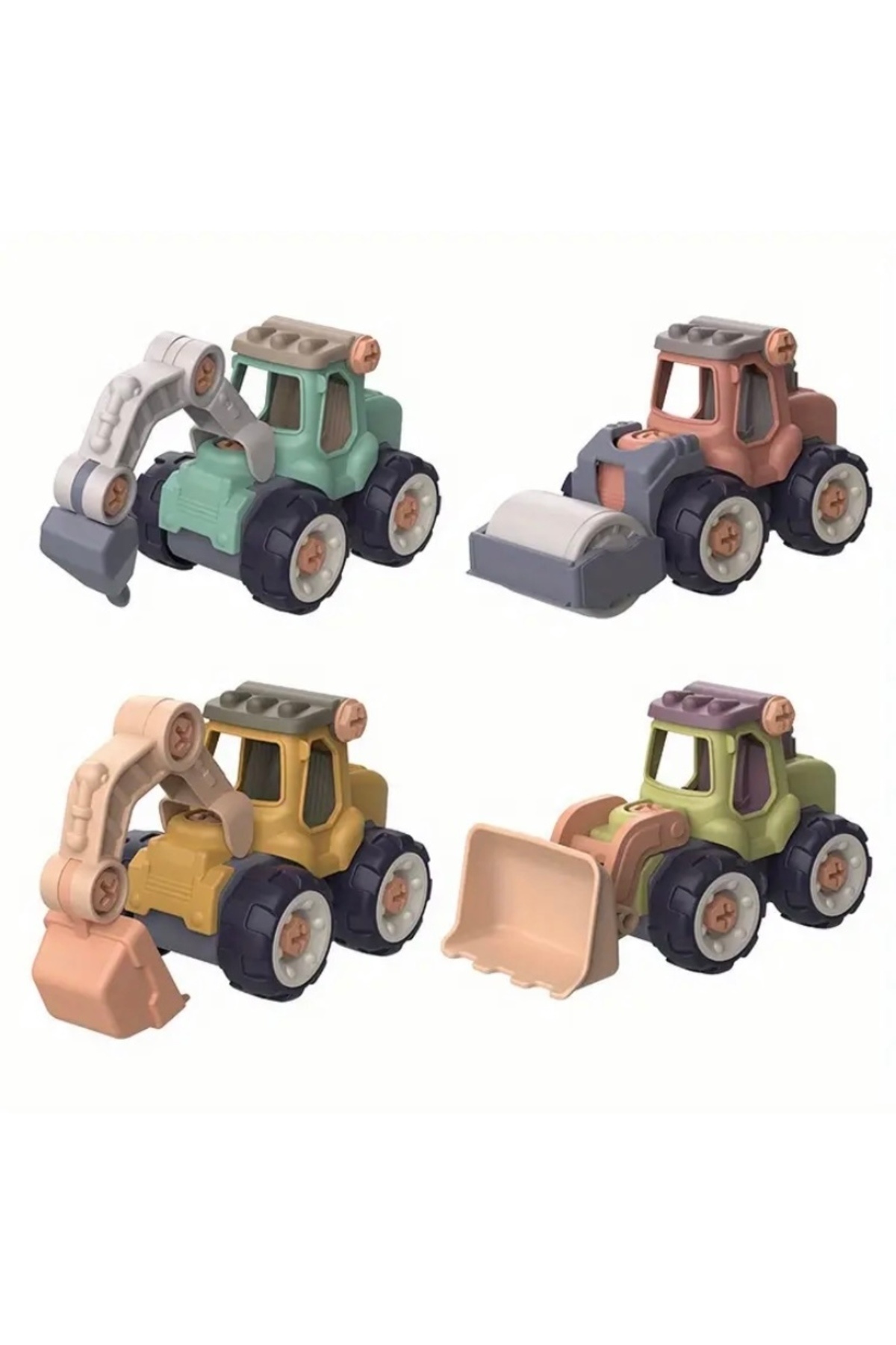 Ayshpek Erkek Çocuk Sök Tak 4 Parça Minyatür İnşaat Araç Setleri- Kepçe-Ekskavatör-Matkaplı Kırıcı-Silindir