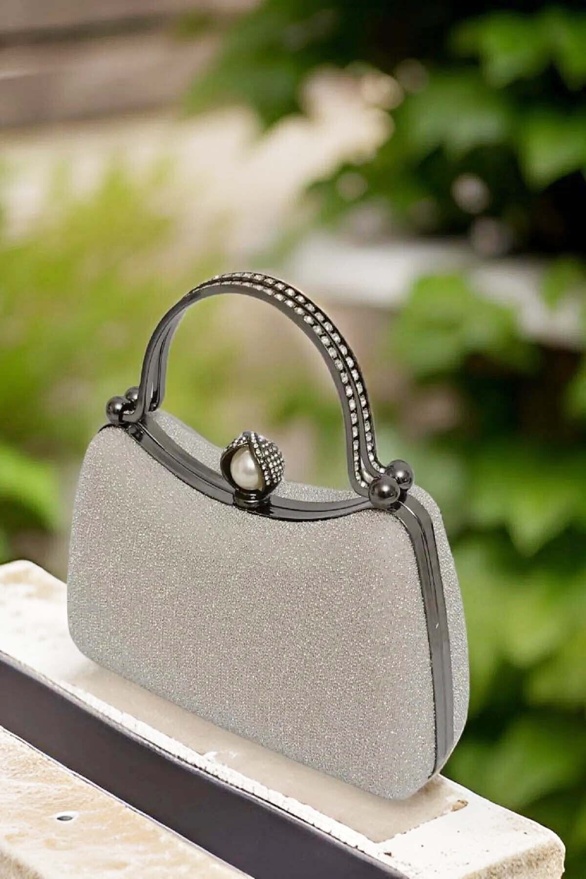 ZEYYMODA Kadın Özel Ithal Simli Kumaş Abiye Çanta Inci Kilit Açma