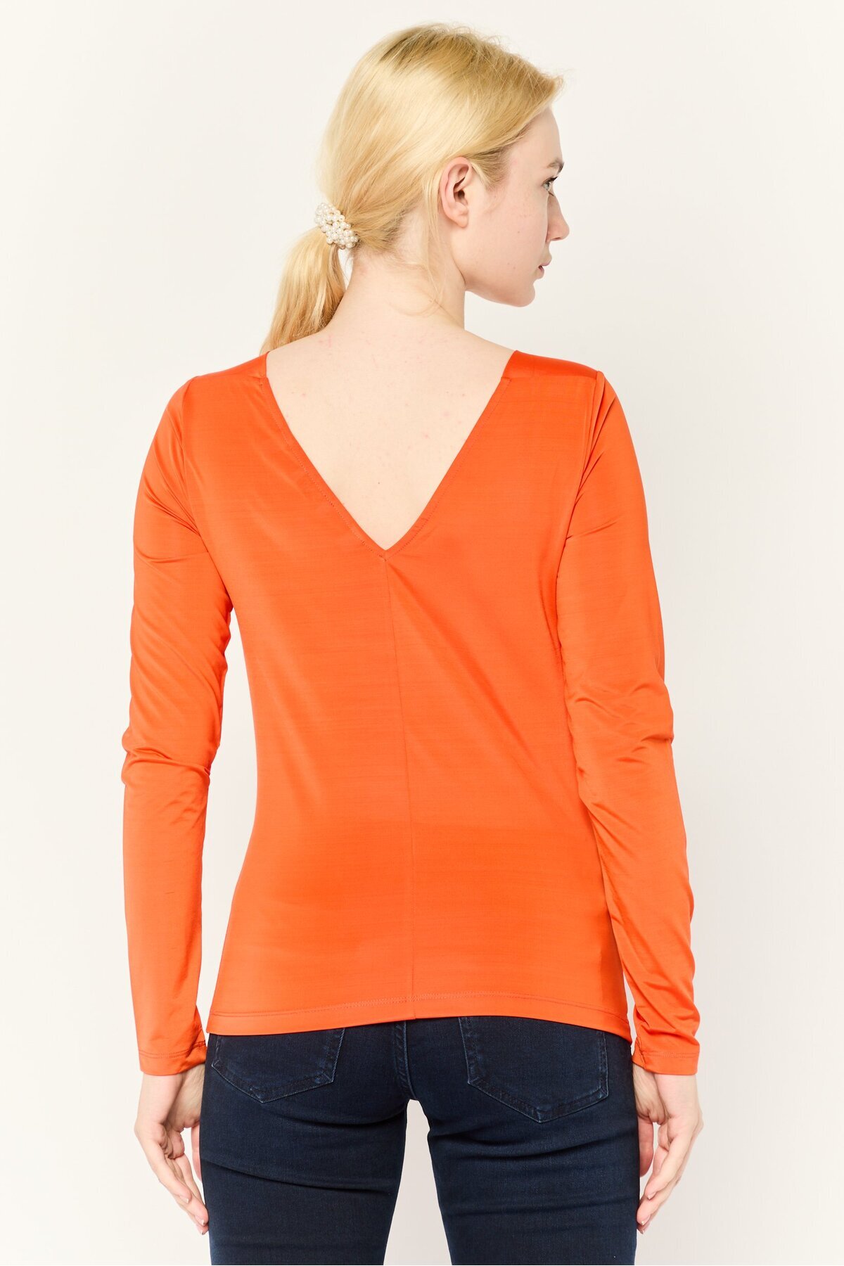 Esprit-Women V Neck Solid Long Sleeves Top, Red 4