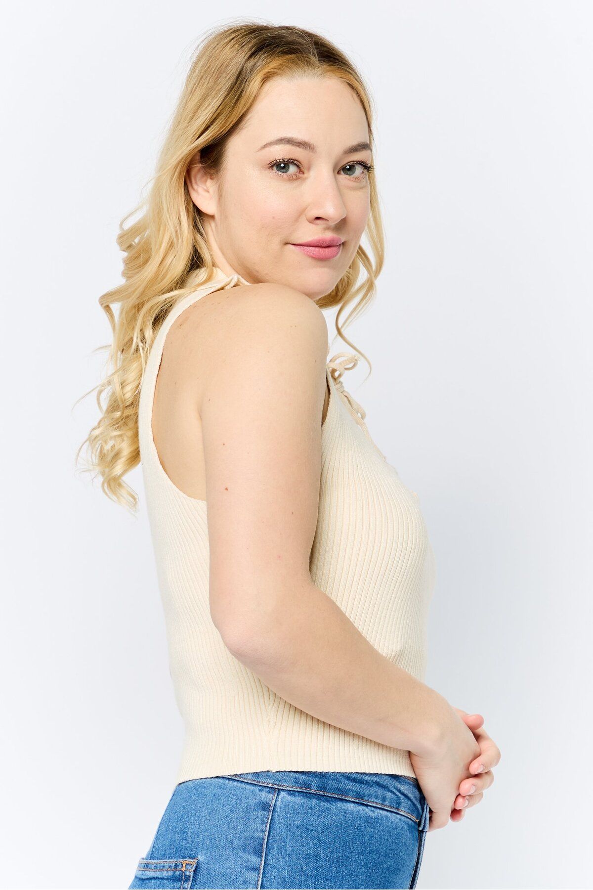 Don't Call Me Jennyfer-Women Spread Collar Sleeveless Ribbed Top, Beige 3