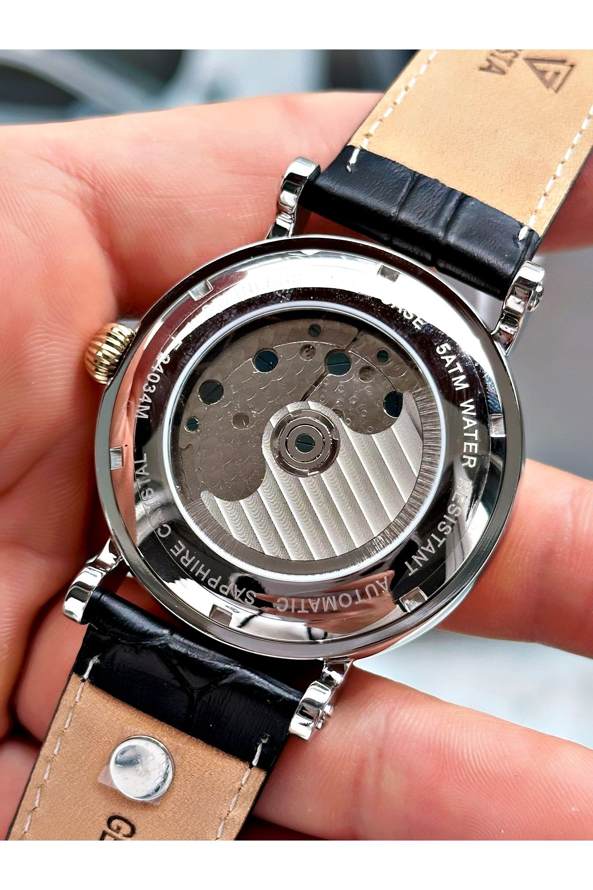 Fiesta-Black Color Double Turbines Leather Band Business Automatic Men Wrist Watch + Bracelet 7