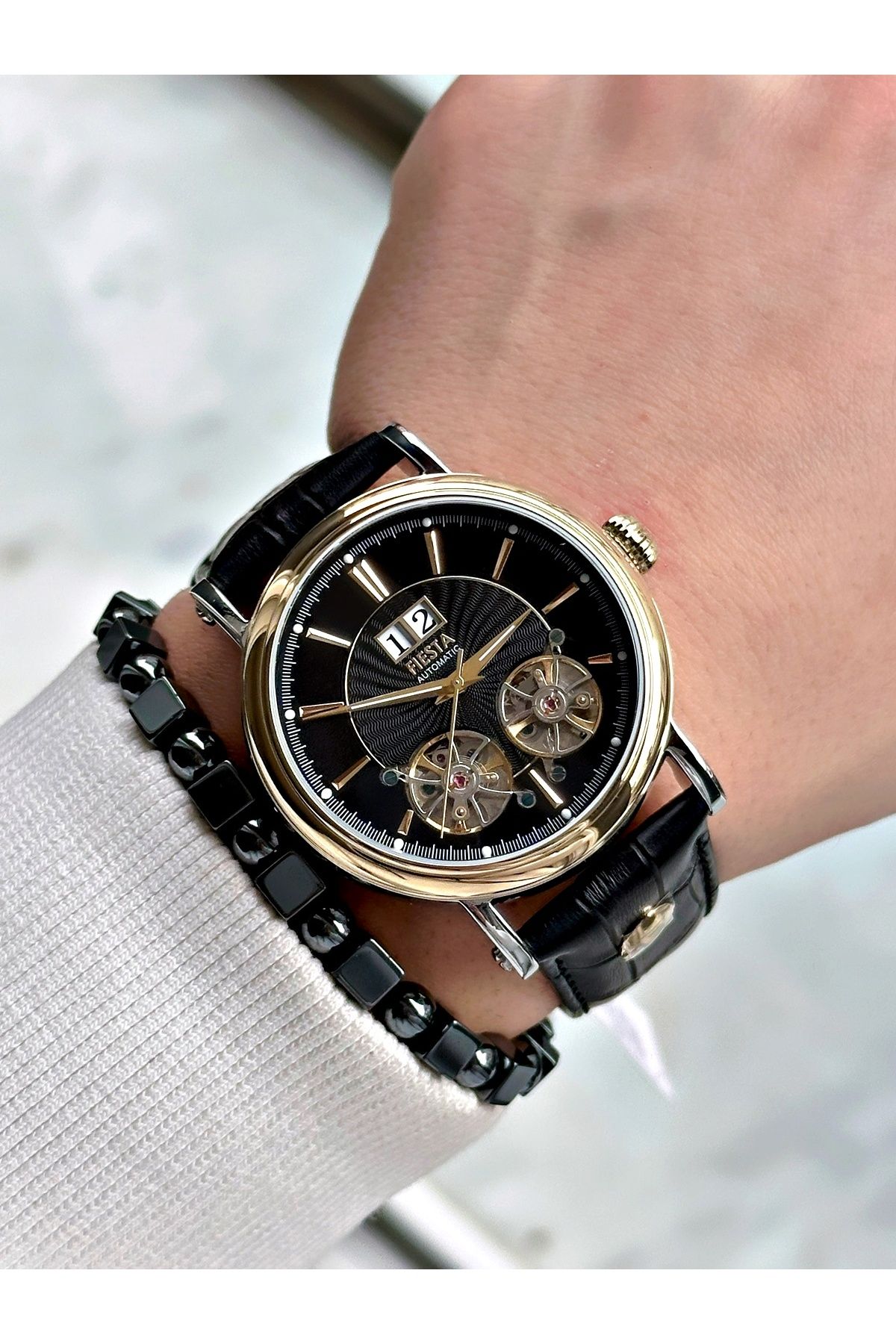 Fiesta-Black Color Double Turbines Leather Band Business Automatic Men Wrist Watch + Bracelet 5
