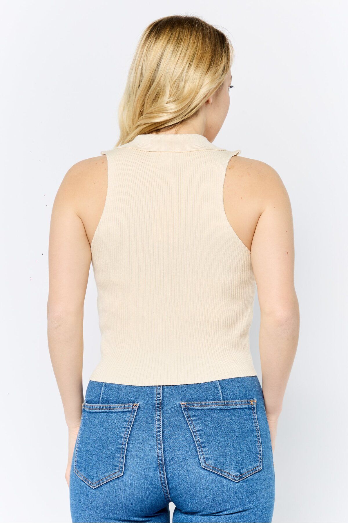 Don't Call Me Jennyfer-Women Spread Collar Sleeveless Ribbed Top, Beige 4