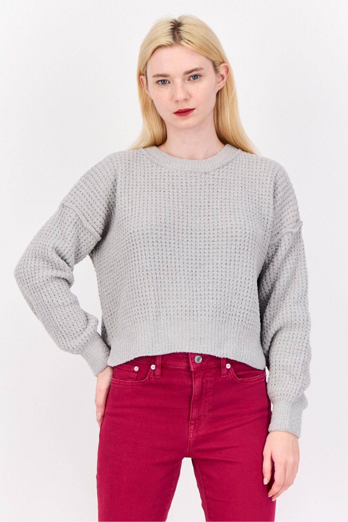 PİNK ROSE-Women Crew Neck Knitted Sweater, Pastel Grey 1