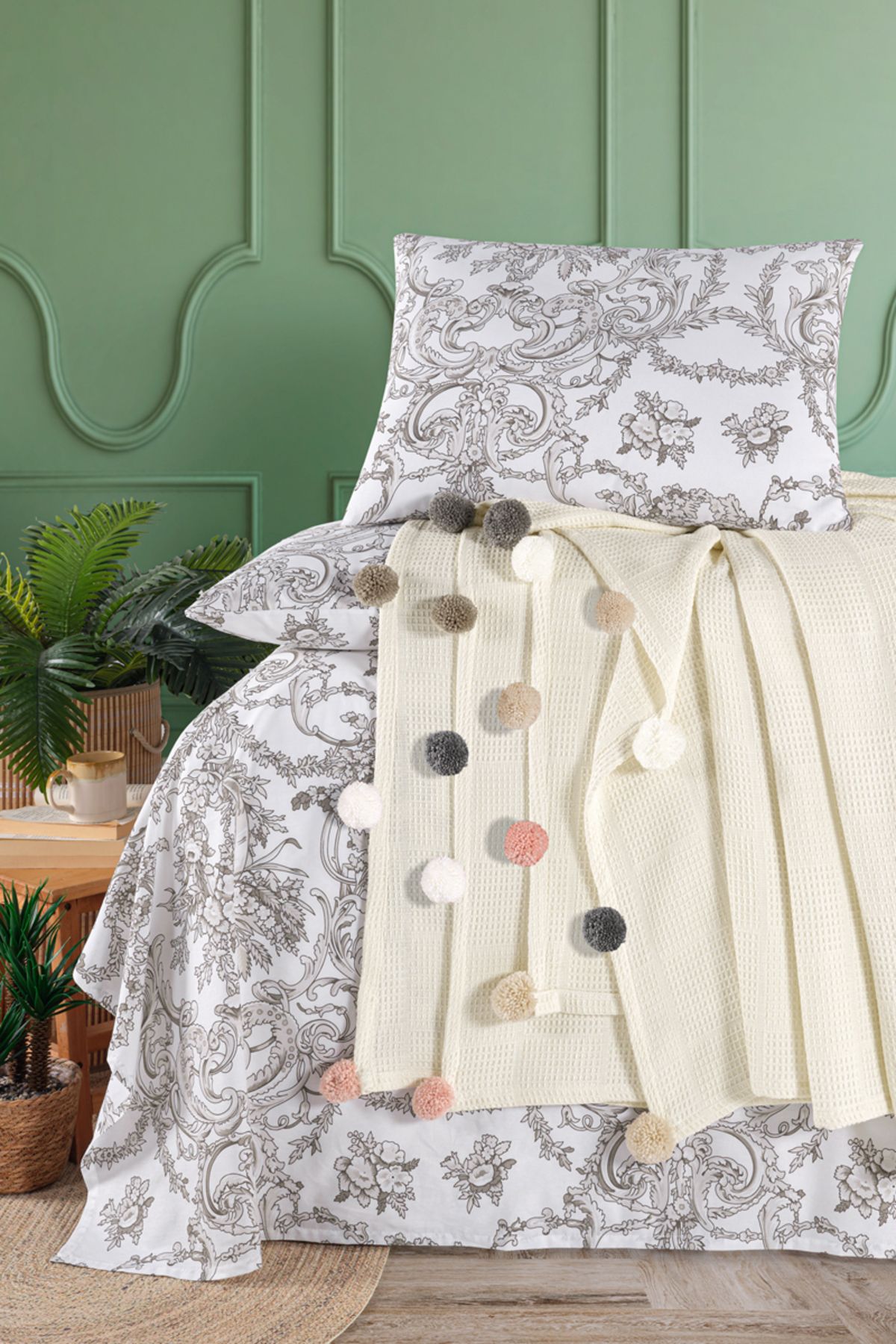 Beğenal-100% Cotton Beğenal Cream Colored Single Pompom Pique Set 2