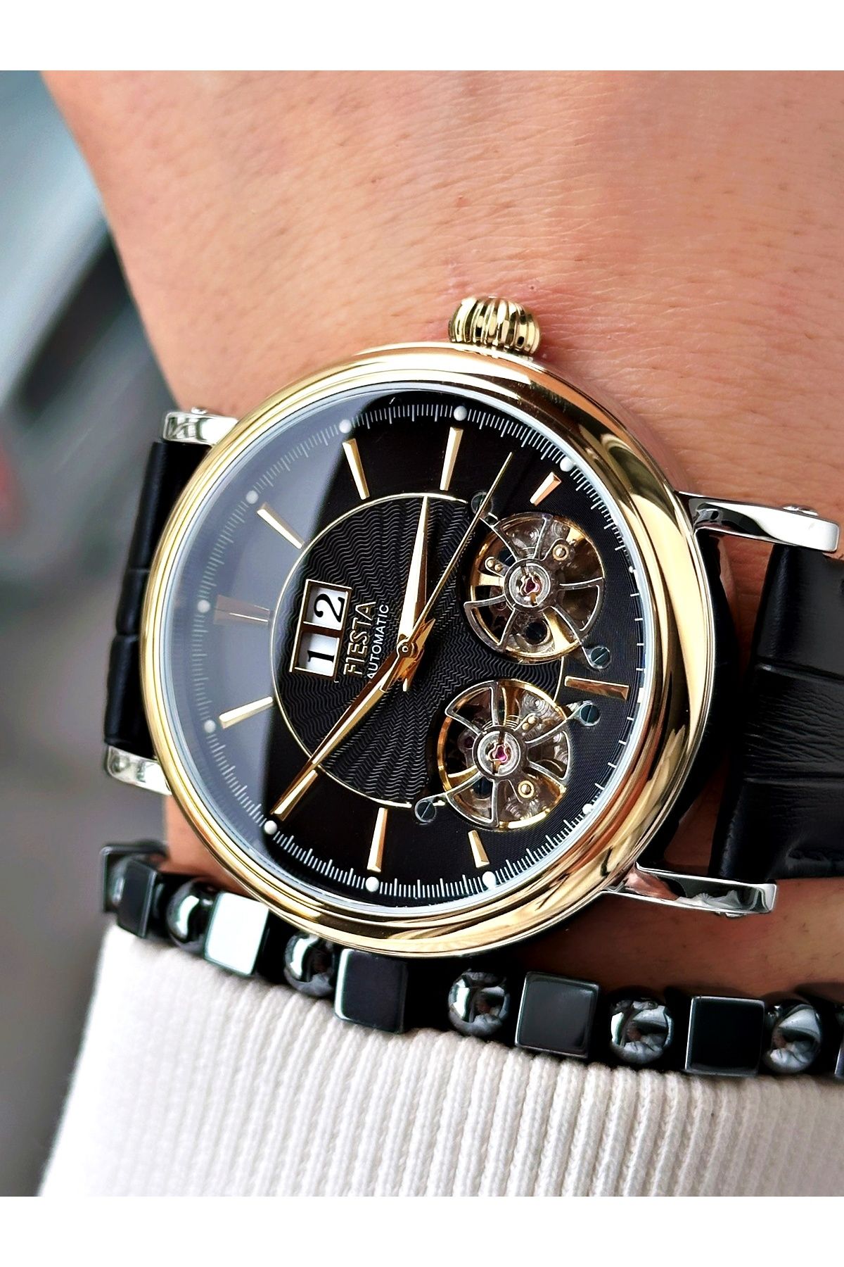 Fiesta-Black Color Double Turbines Leather Band Business Automatic Men Wrist Watch + Bracelet 2