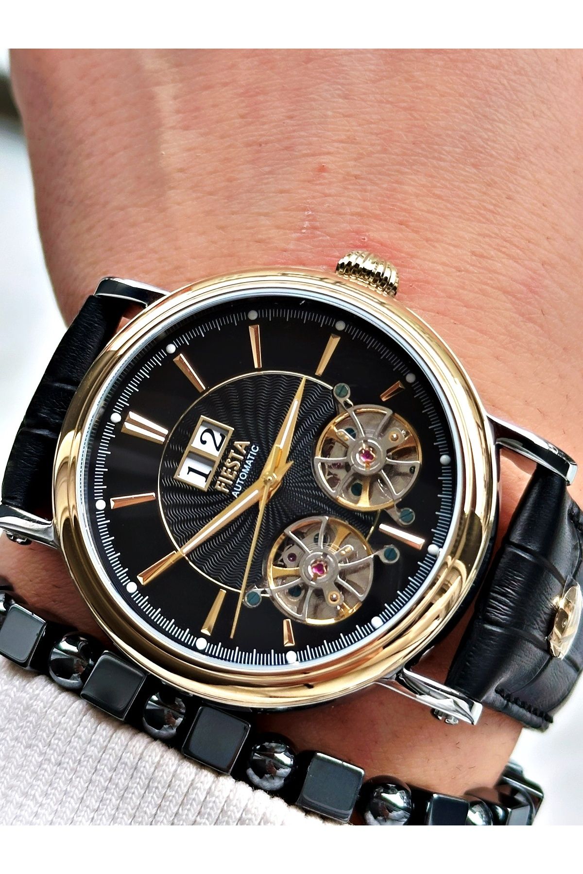 Fiesta-Black Color Double Turbines Leather Band Business Automatic Men Wrist Watch + Bracelet 4