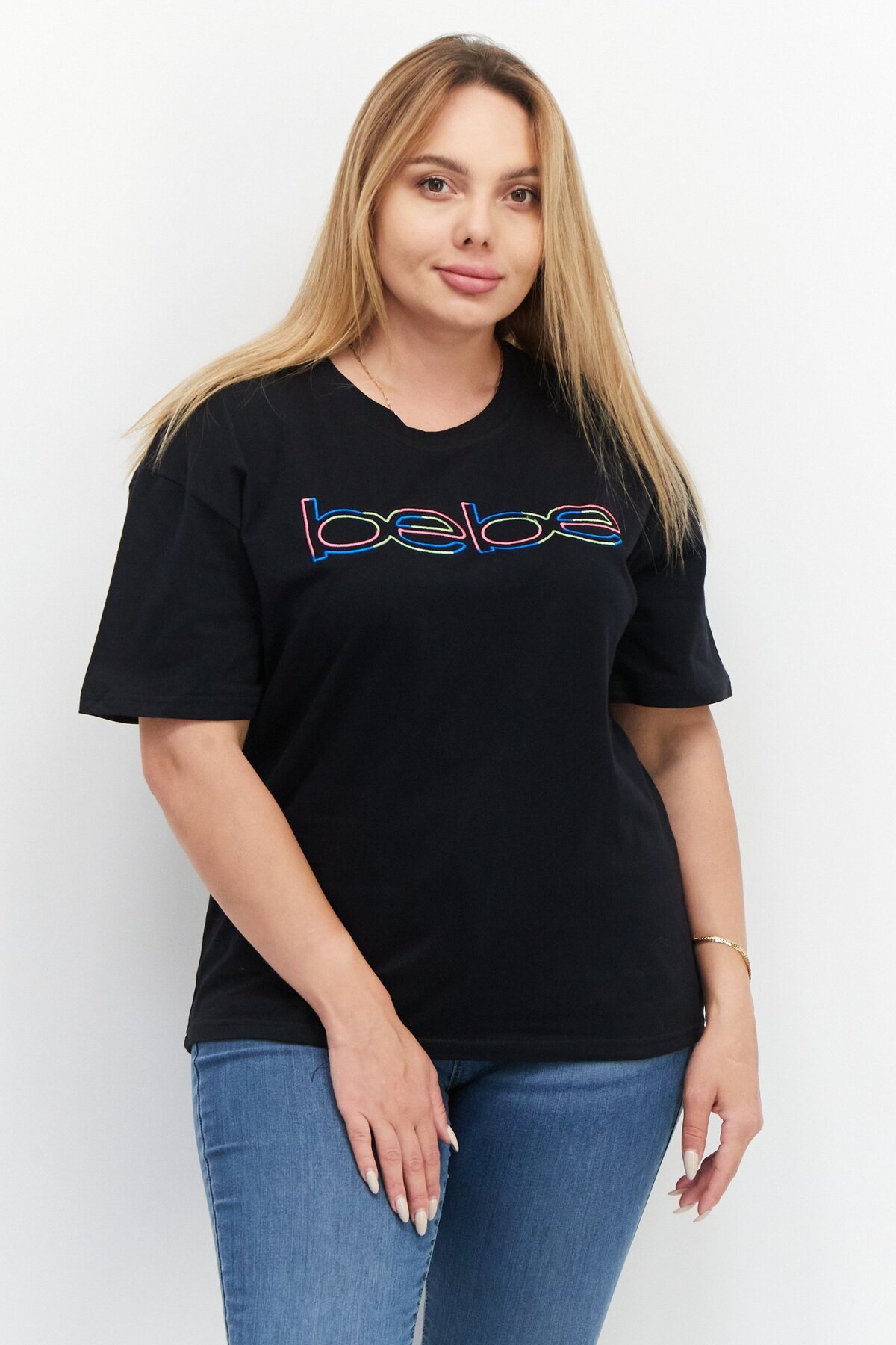 Bebe-Women Round Neck Short Sleeves Embroidered Logo T-shirt, Black Combo 1
