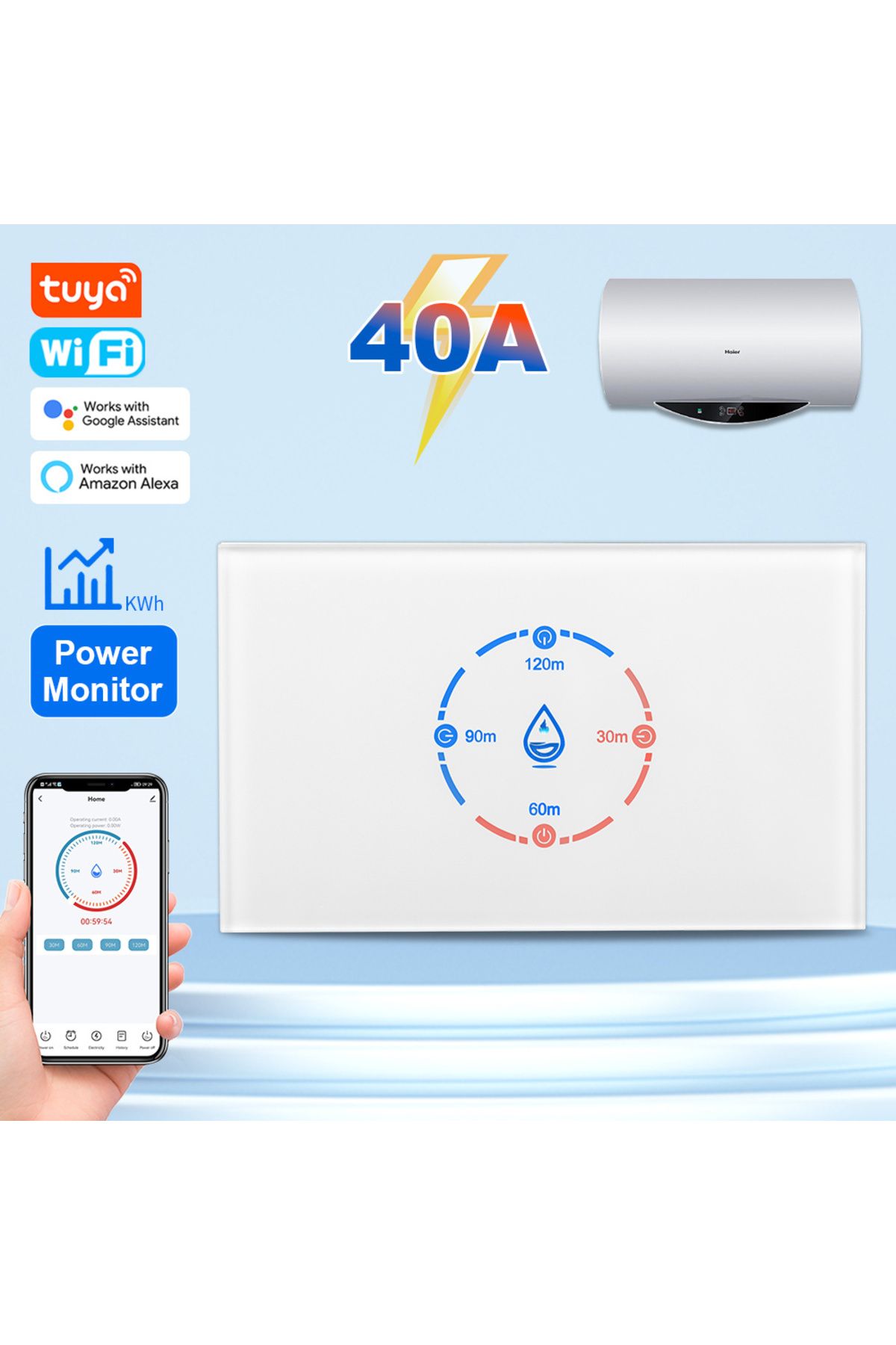 Choice-White Tuya Smart Wifi Smart Boiler Switch 40a 8800w Water Heater Us Standard Switch With Power Monit 1