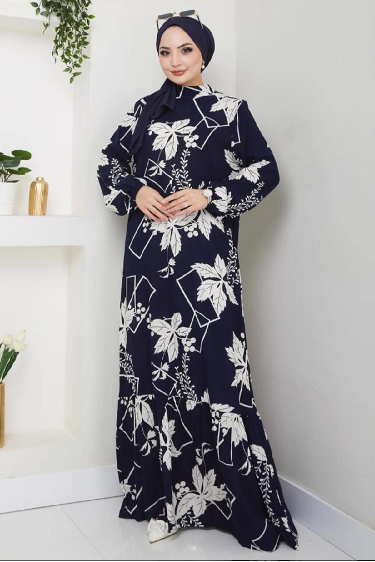 TRENDTESETTÜR-Women's Navy Blue Patterned Dress t 5332 1