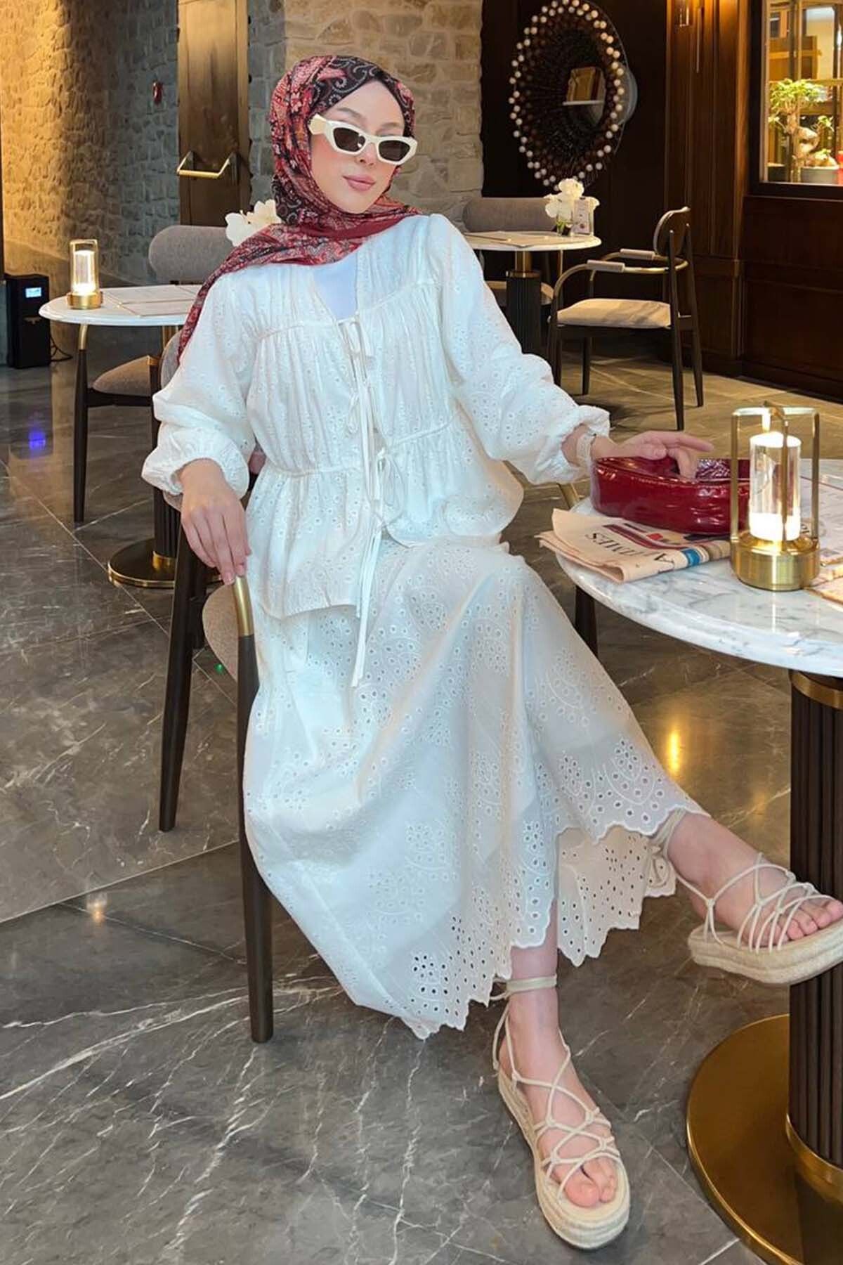 benguen Bağlamalı Brode Takım Beyaz 3008