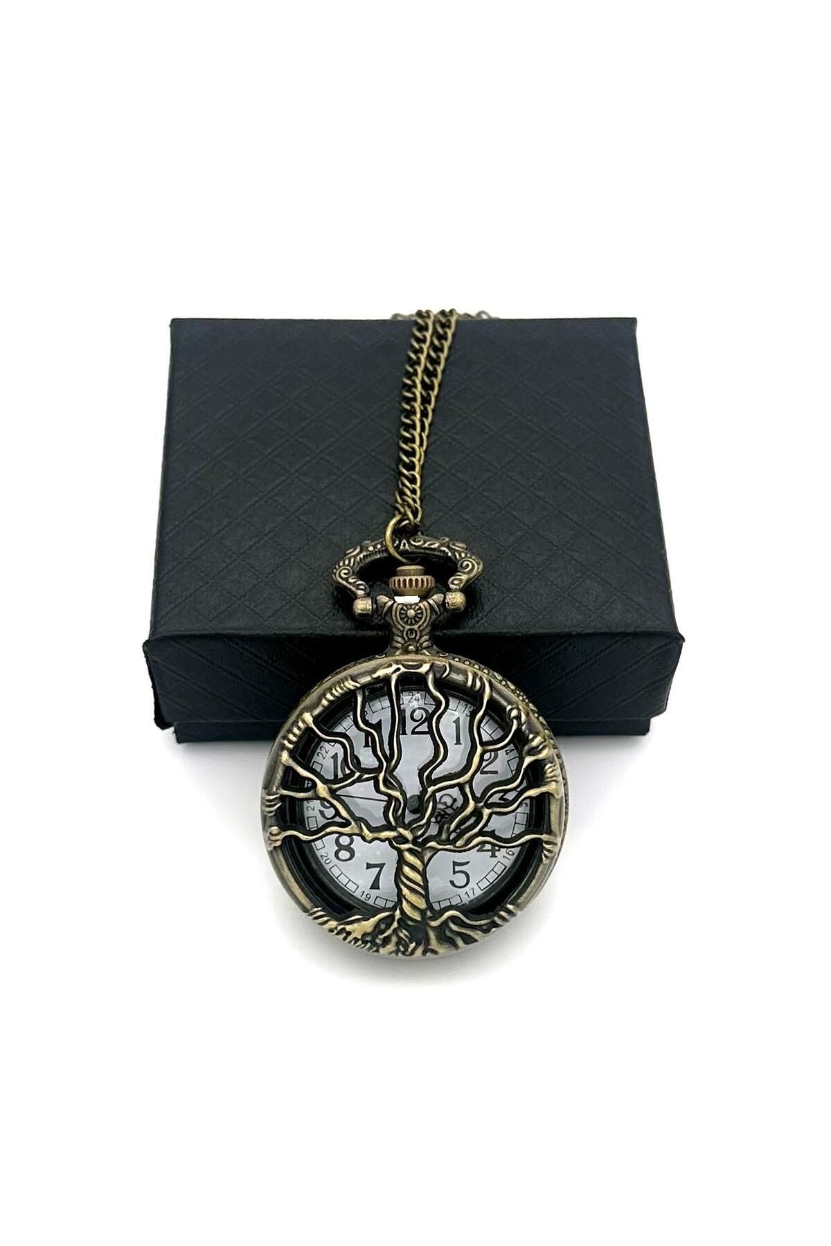 valkyrie-Vintage Life Tree Motif Retro Boxed Chain Clock - Pocket Clock 4