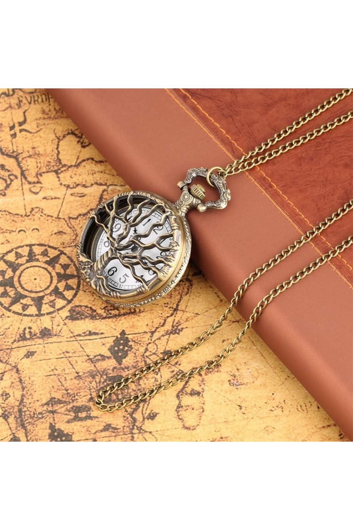 valkyrie-Vintage Life Tree Motif Retro Boxed Chain Clock - Pocket Clock 8