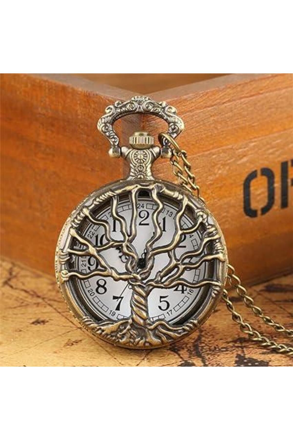 valkyrie-Vintage Life Tree Motif Retro Boxed Chain Clock - Pocket Clock 7