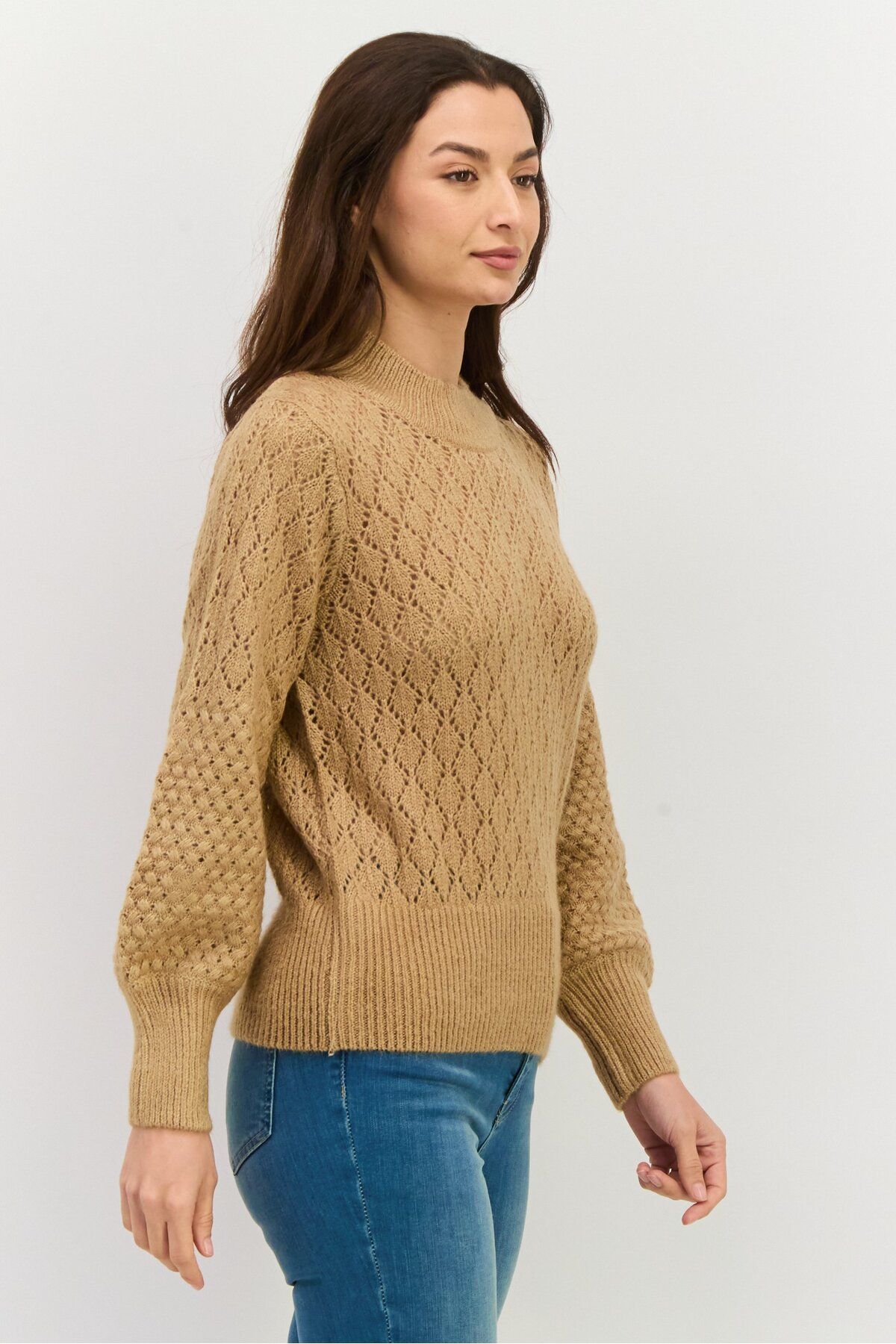 Pepe Jeans-Women Round Neck Long Sleeve Crochet Sweater, Brown 3