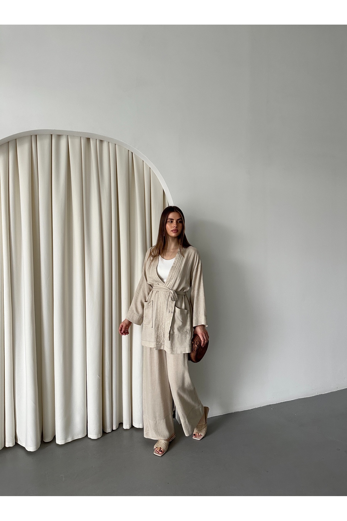 Laluvia-Set kimono cu curea cu buzunar natural - 8491 5