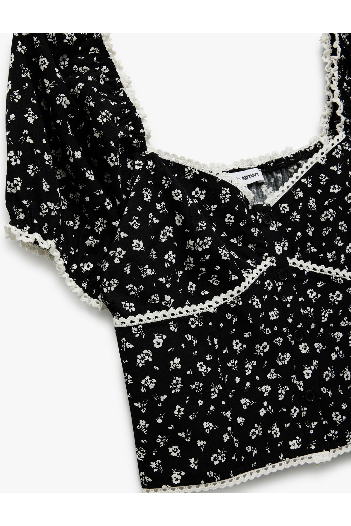 Koton-Sweetheart λαιμόκοψη κοντό μπαλόνι μανίκι Floral Crop μπλούζα 5