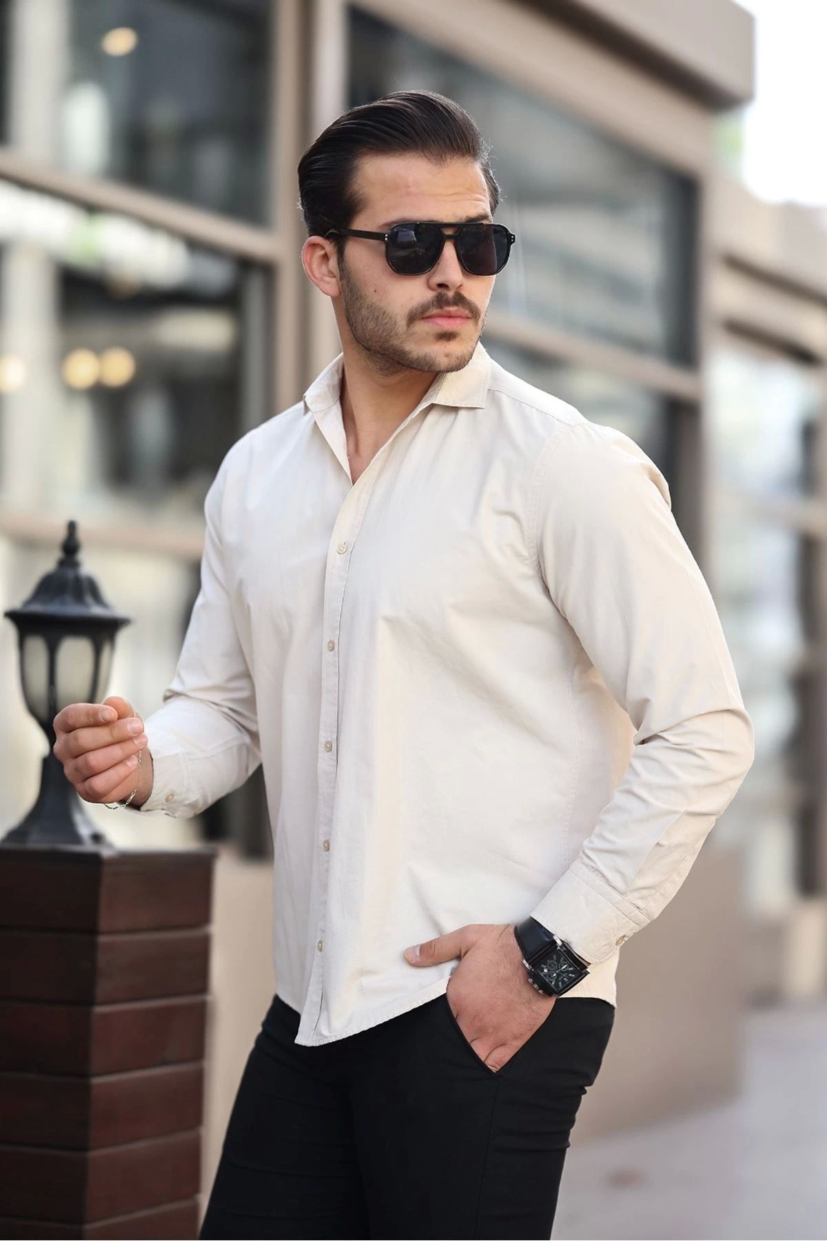 Beruflic Erkek Büyük Beden Pamuk Şamre Kumaş Cepsiz Bej Renk Gömlek