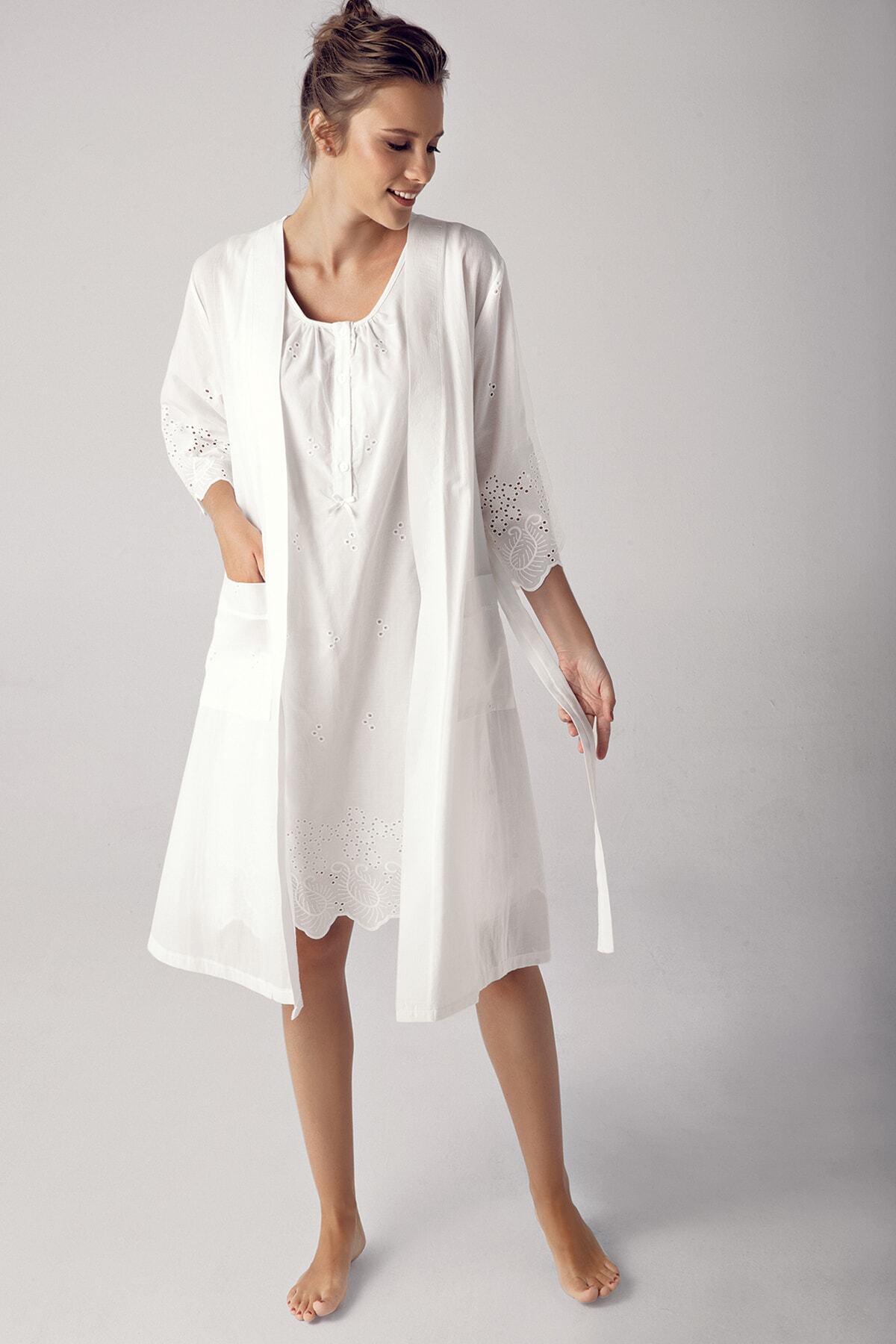 Artış Ekru Dokuma Pamuklu Lohusa Hamile Gecelik Ve Sabahlık Takım fotoğrafı 6 (önizleme)