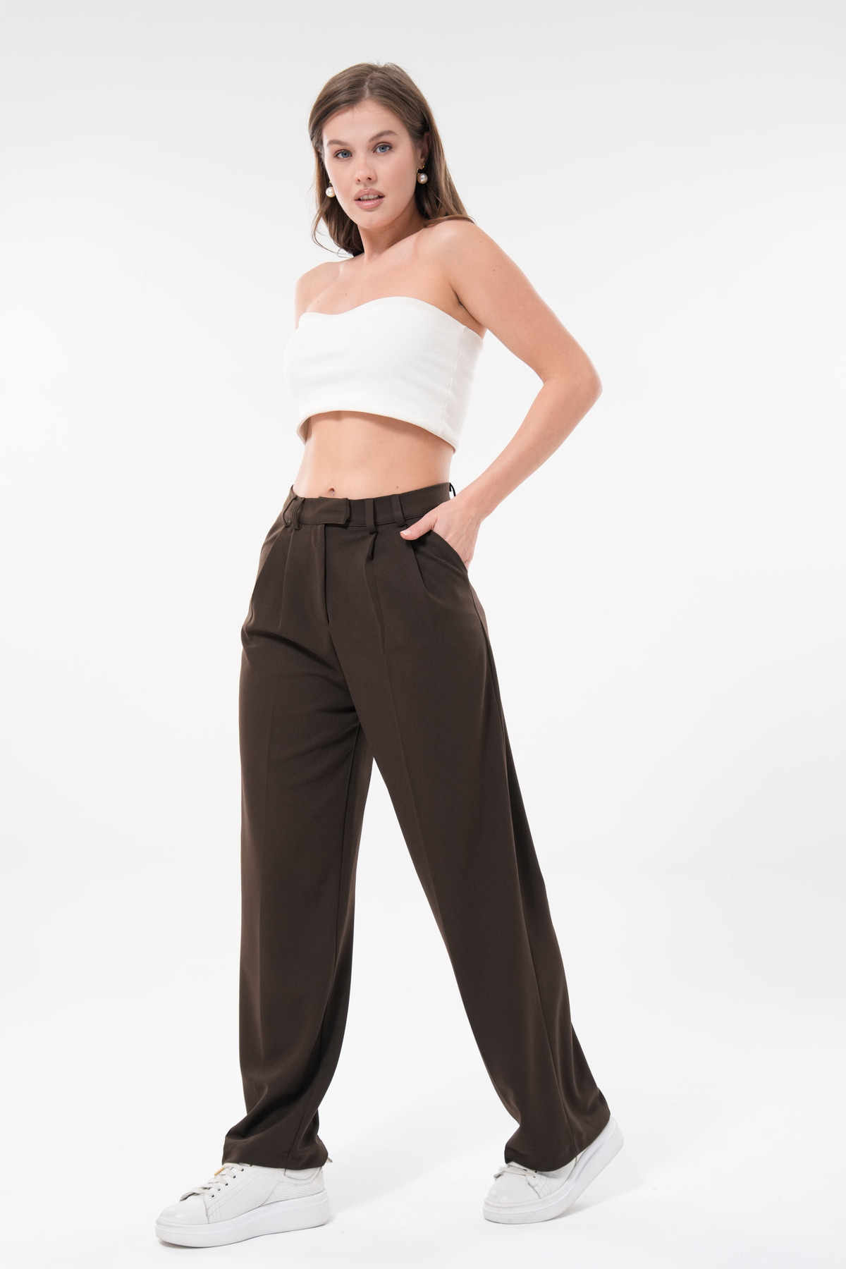 lovebox-Women's Modern Palazzo Cut Wide Leg Brown Fabric Trousers 002 5