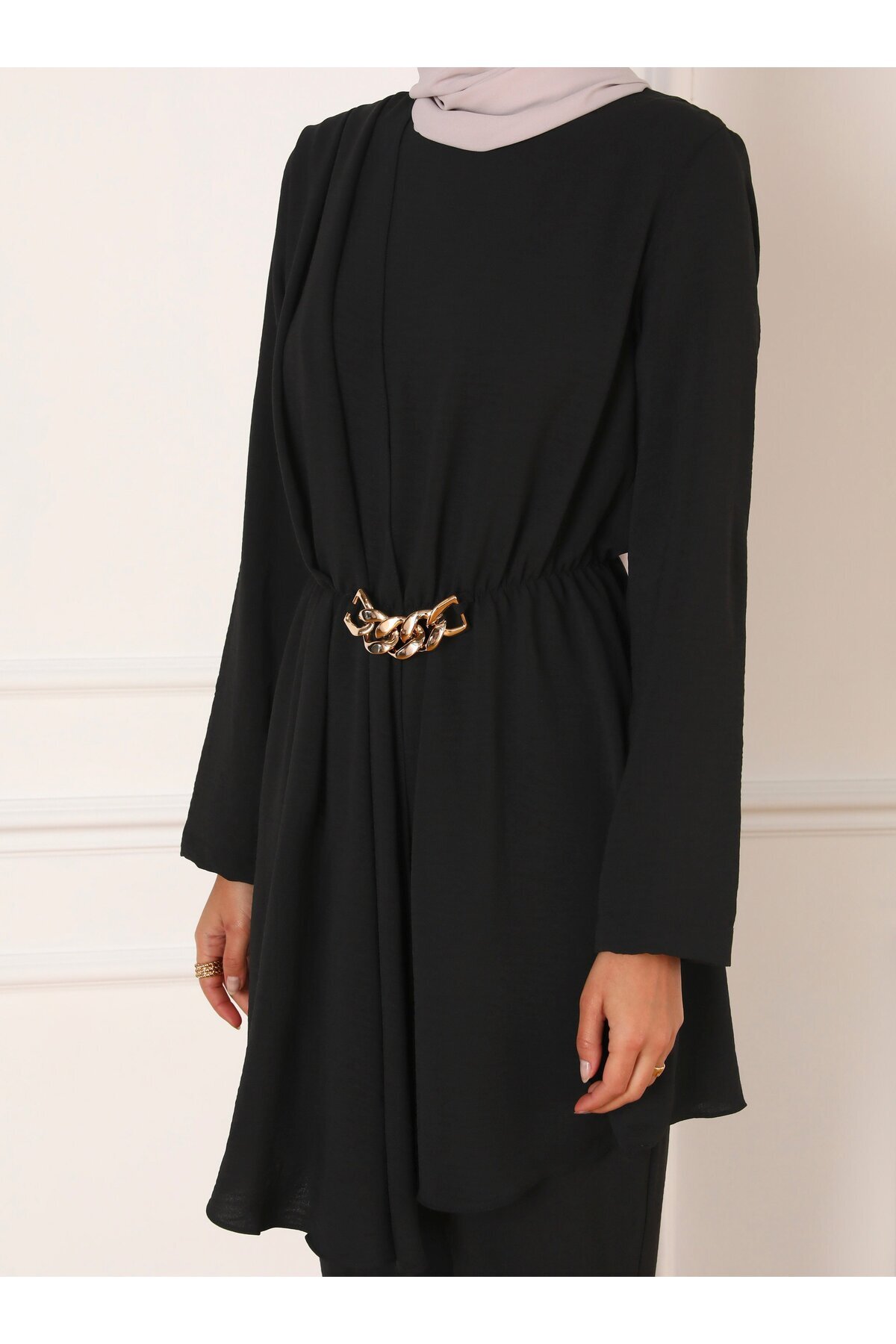 Refka-Black Aerobin Fabric Chain Detailed Tunic and Trousers Set 5
