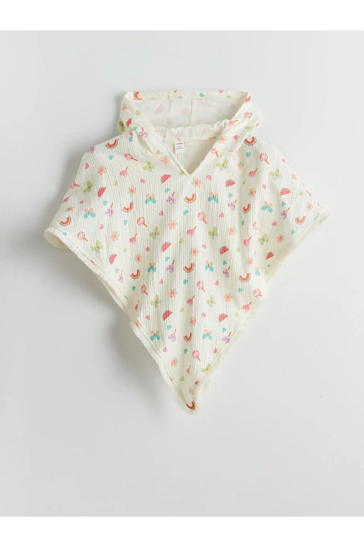 LC Waikiki-Ecru Hooded Printed Girl's Ponchos5Do97Z1 1