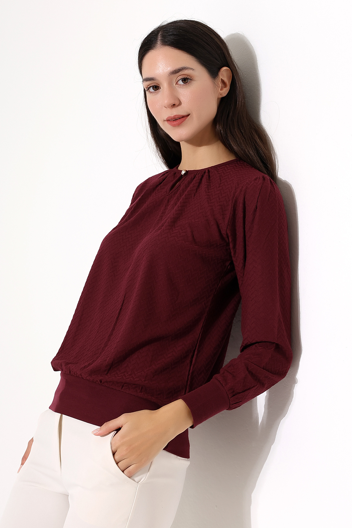 Şiir-Harare Burgundy Jacquard - Ελαστική χτενισμένη βαμβακερή λαιμόκοψη και μακρυμάνικη μπλούζα με κορδόνι για γυναίκες & μπλούζα Hijab 6