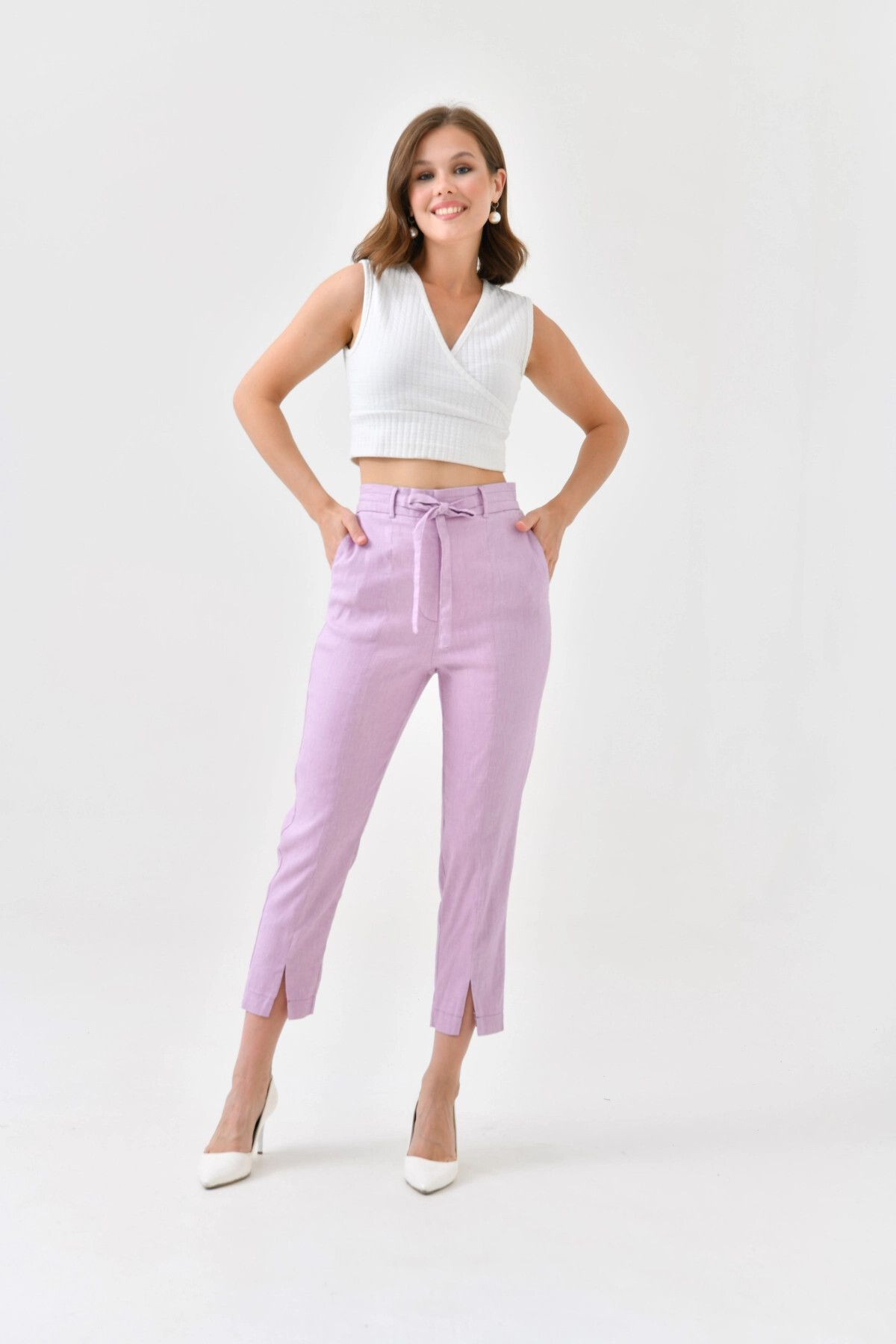 Park Karon-Women's Linen Trousers - Waist Lace-Up and Leg Detail 6
