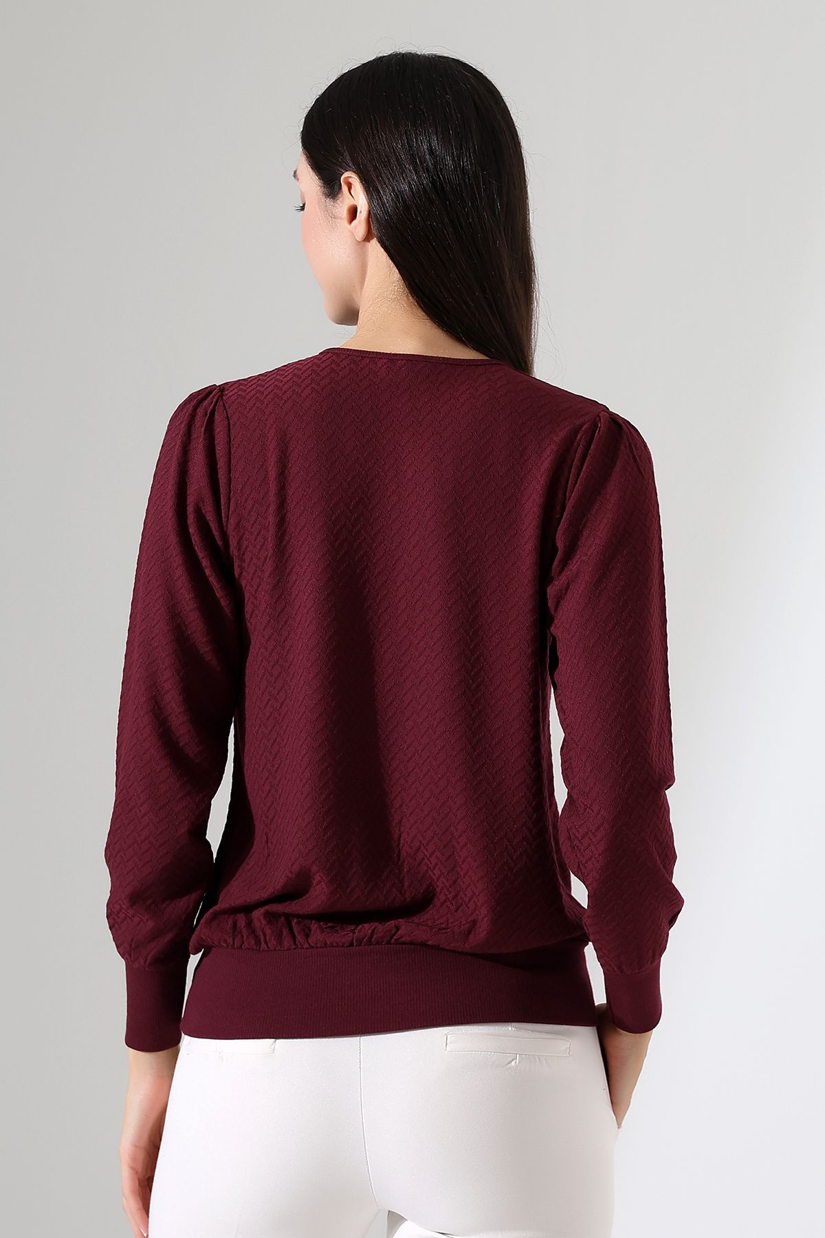 Şiir-Harare Burgundy Jacquard - Ελαστική χτενισμένη βαμβακερή λαιμόκοψη και μακρυμάνικη μπλούζα με κορδόνι για γυναίκες & μπλούζα Hijab 8