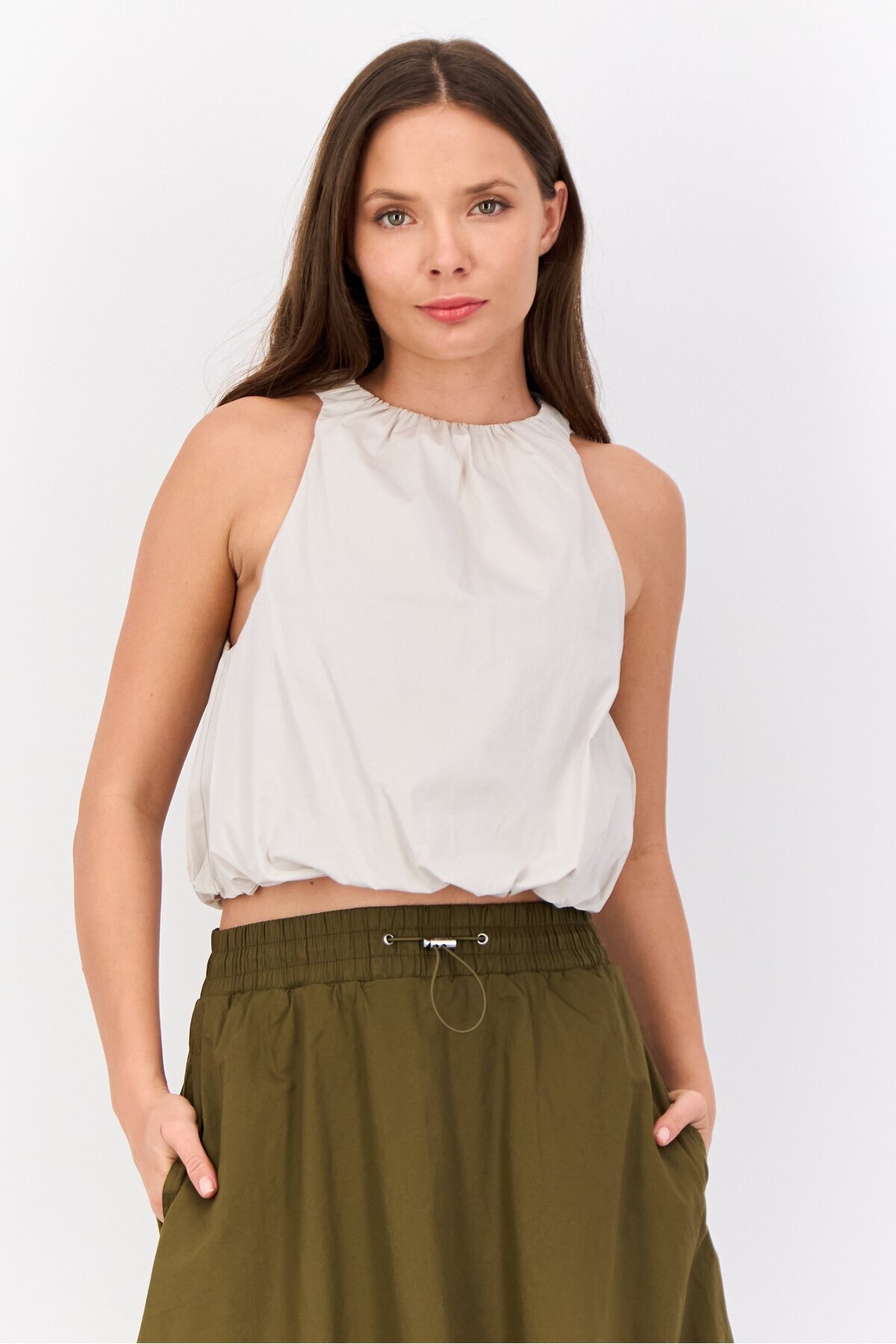 Esprit-Women Ruffle Neck Sleeveless Solid Tank Top, Light Beige 1