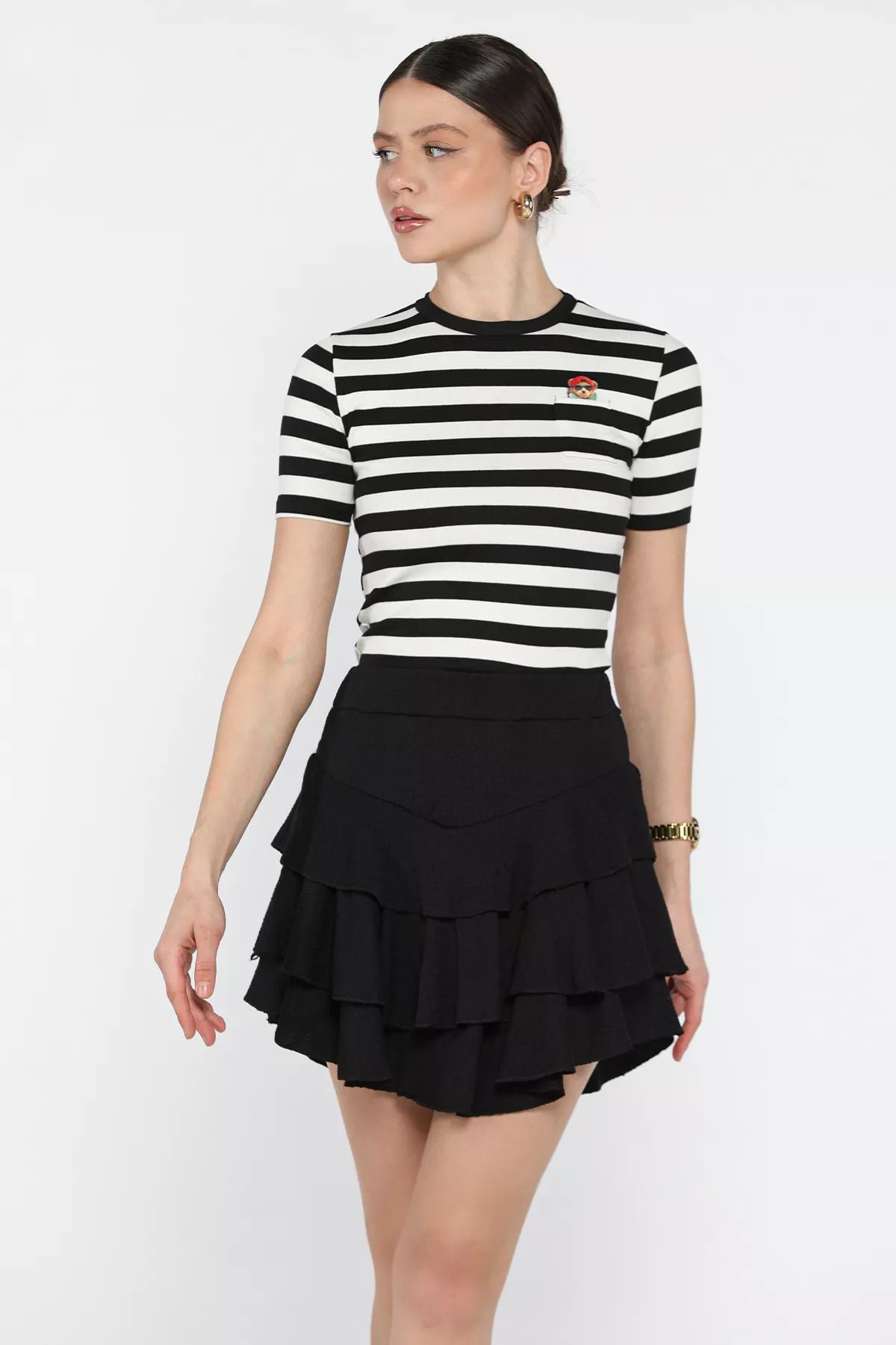 GÜLSELİ-Black Elastic Waist Skirt with Shorts 2