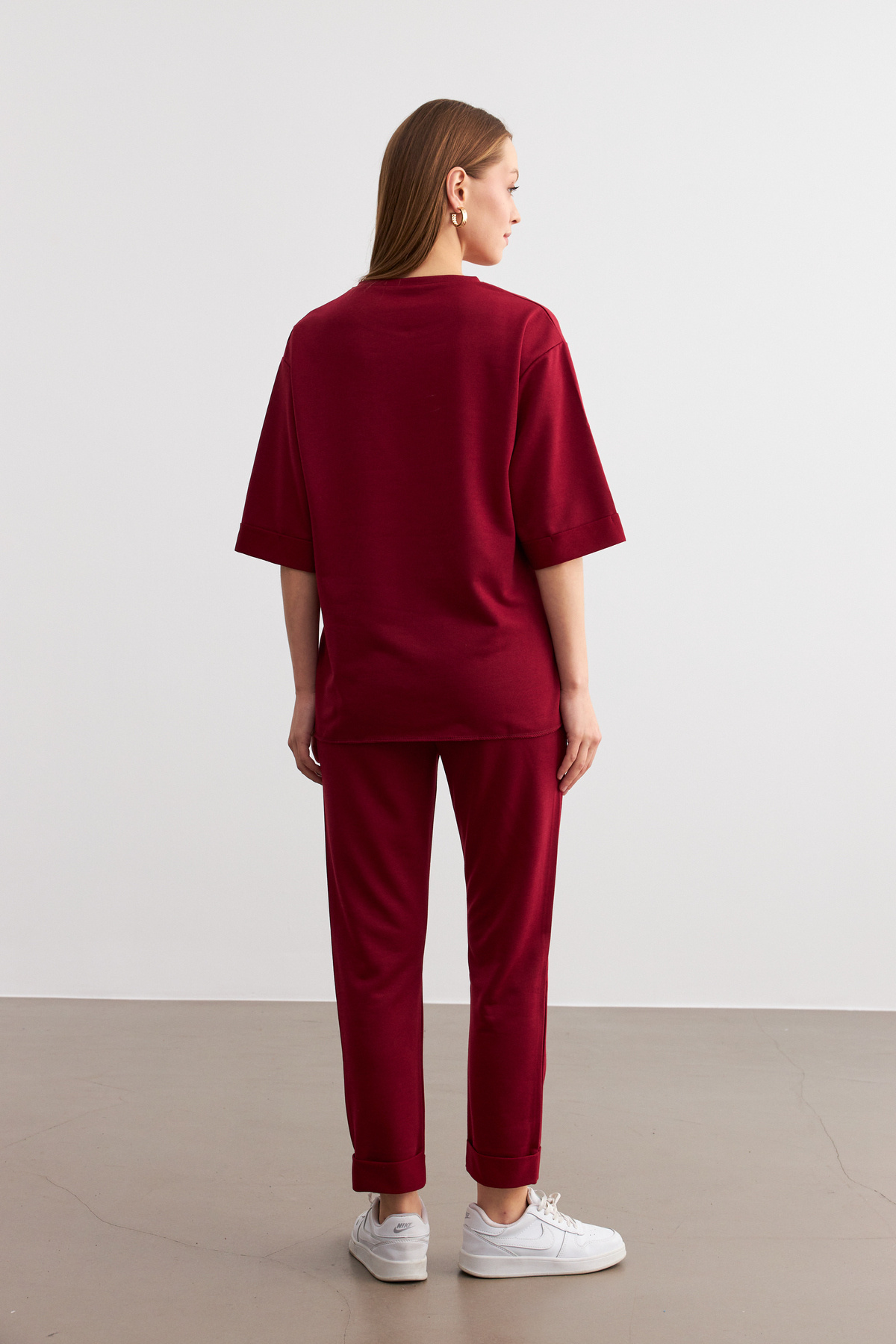 MODAGEN-Women's Burgundy Crew Neck Double Sleeve and Leg Bottom Top Set 3