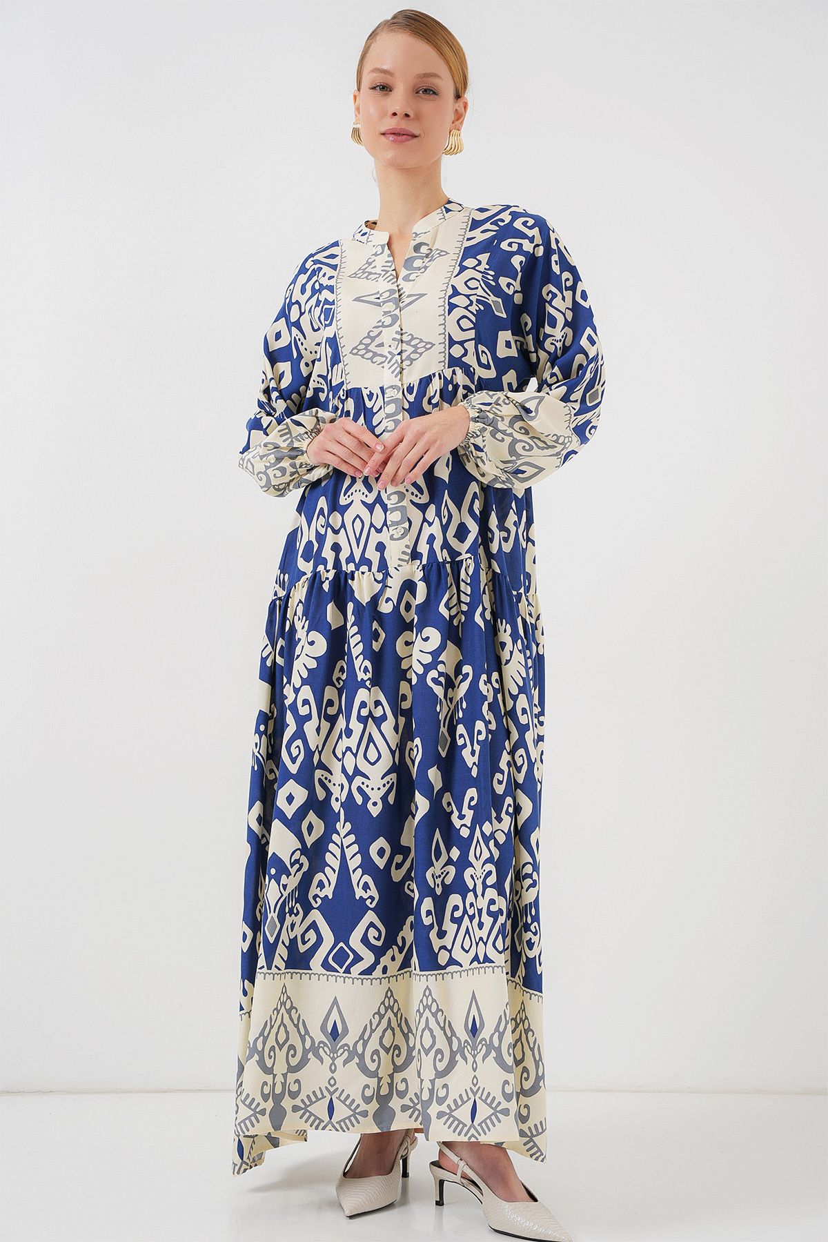 Bigdart-2423 Authentic Patterned Hijab Dress - Indigo 1 2