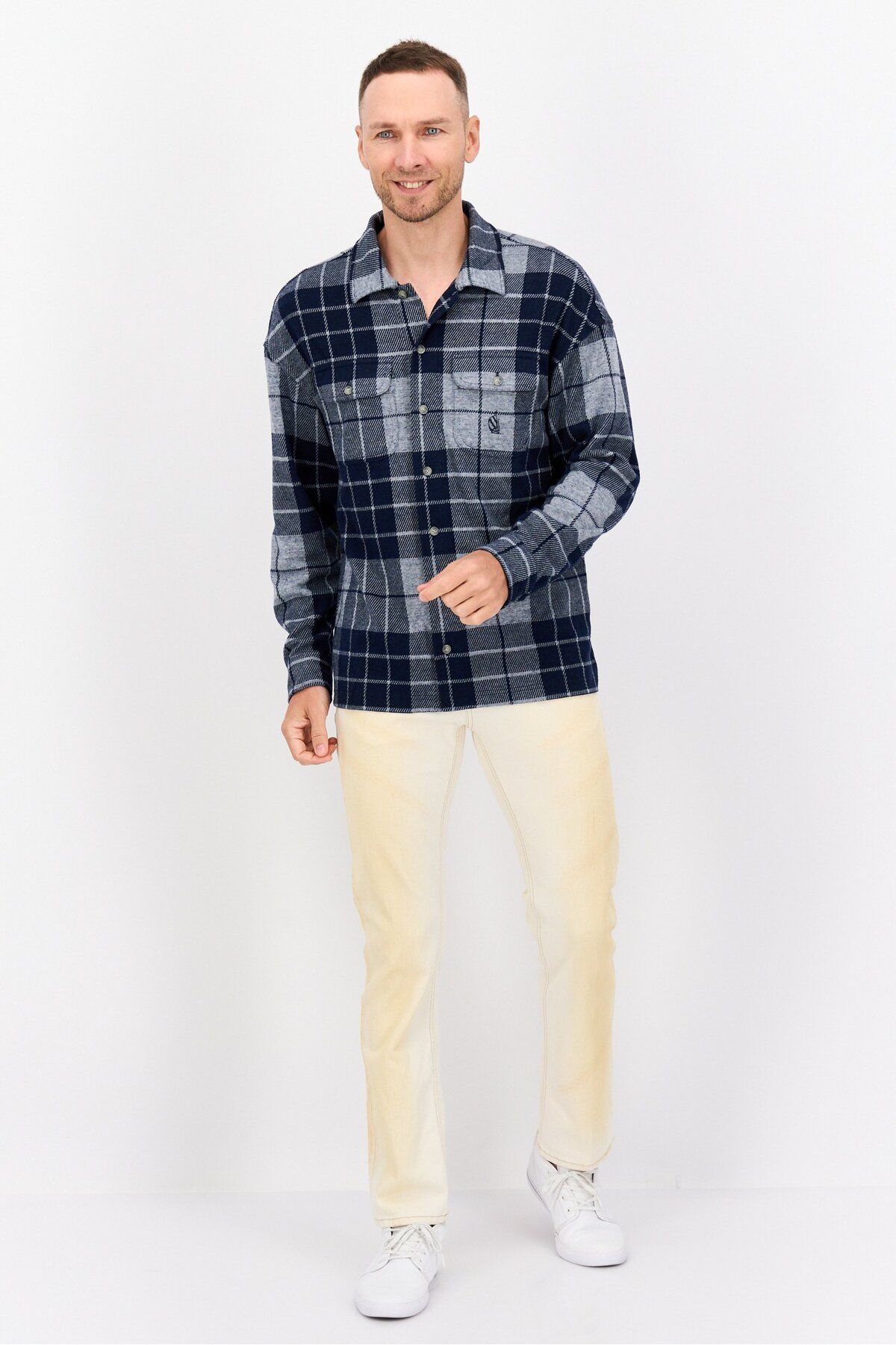 Nautica-Men Plaid Long Sleeve Jacket Shirts, Grey 3