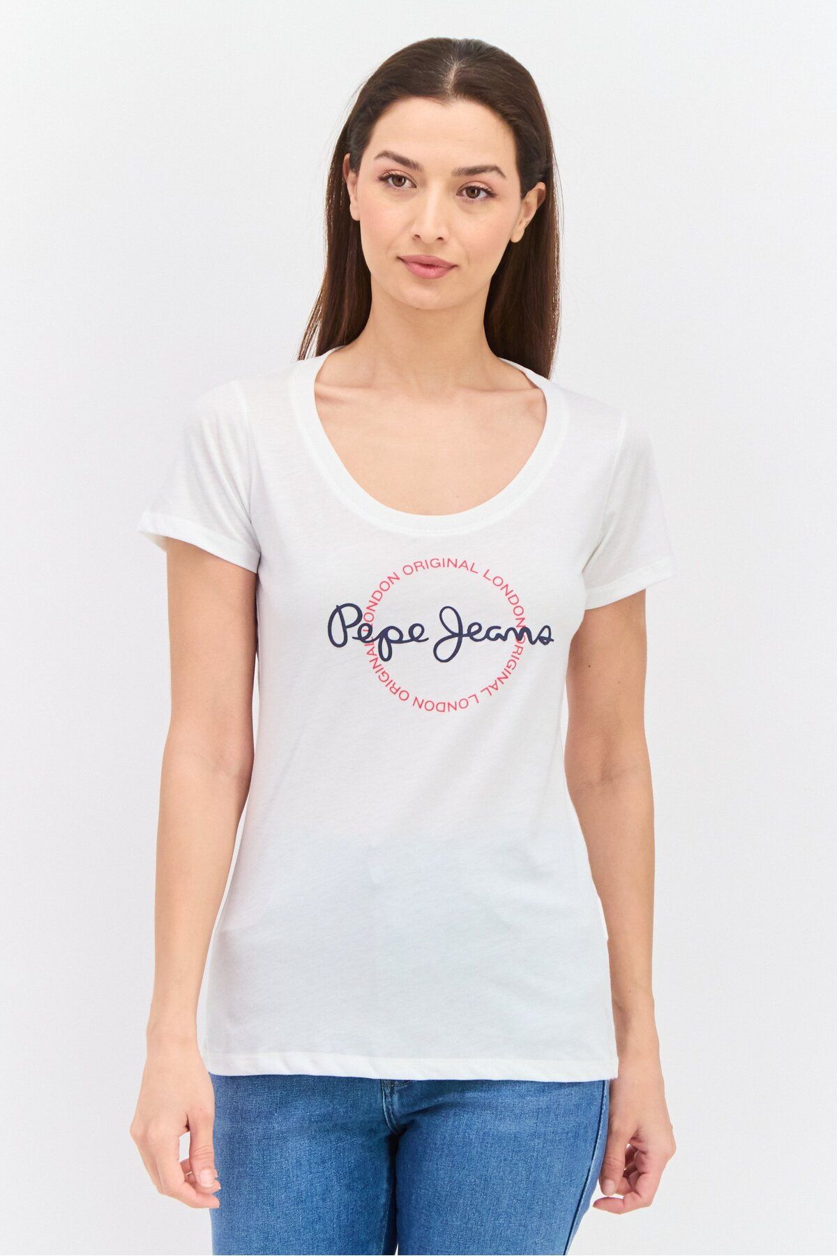 Pepe Jeans-تي شيرت نسائي برقبة دائرية وأكمام قصيرة وشعار العلامة التجارية، لون أبيض فاتح 1