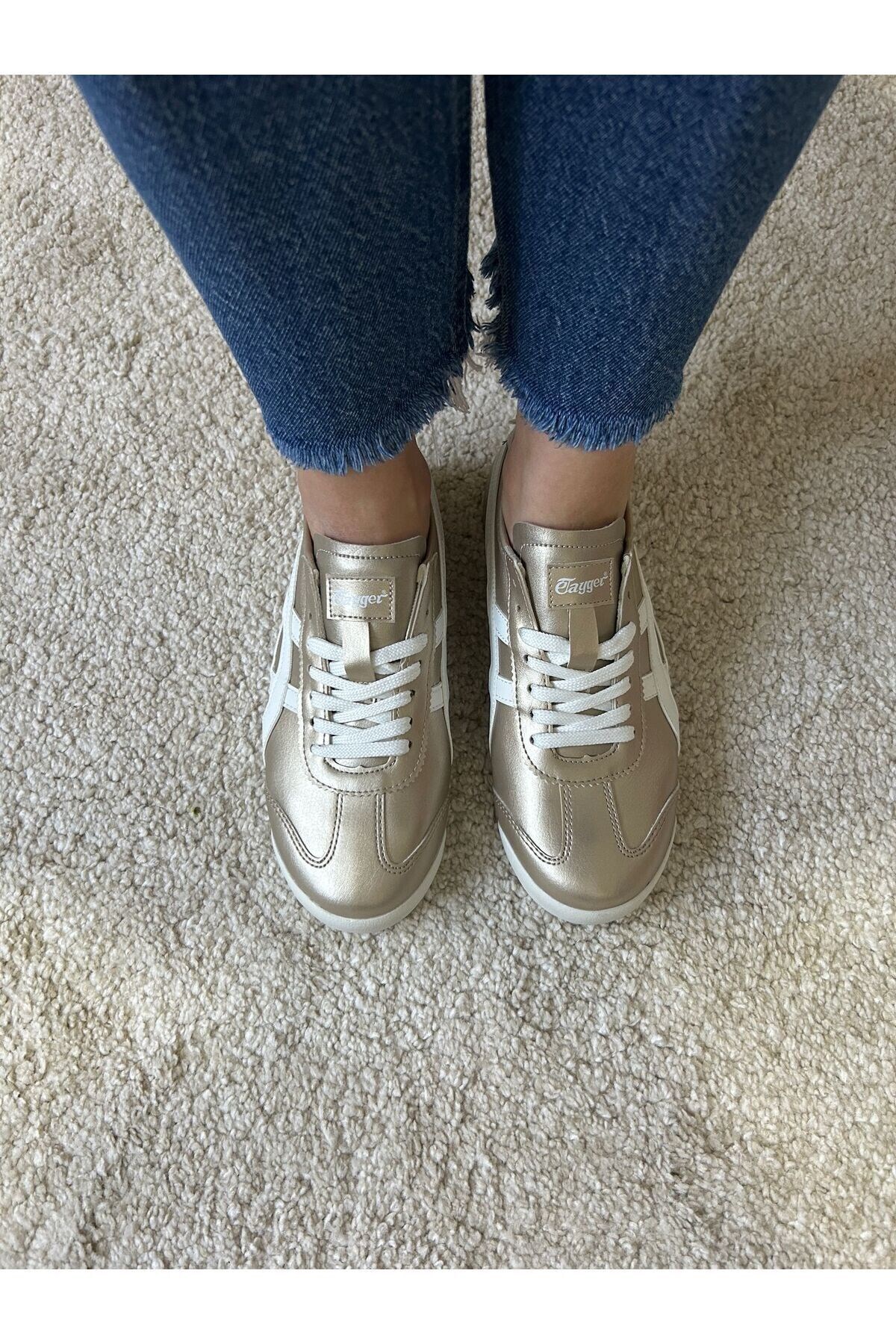 Bağcıklı Altın Beyaz Günlük Sneaker Kadın Spor Ayakkabı