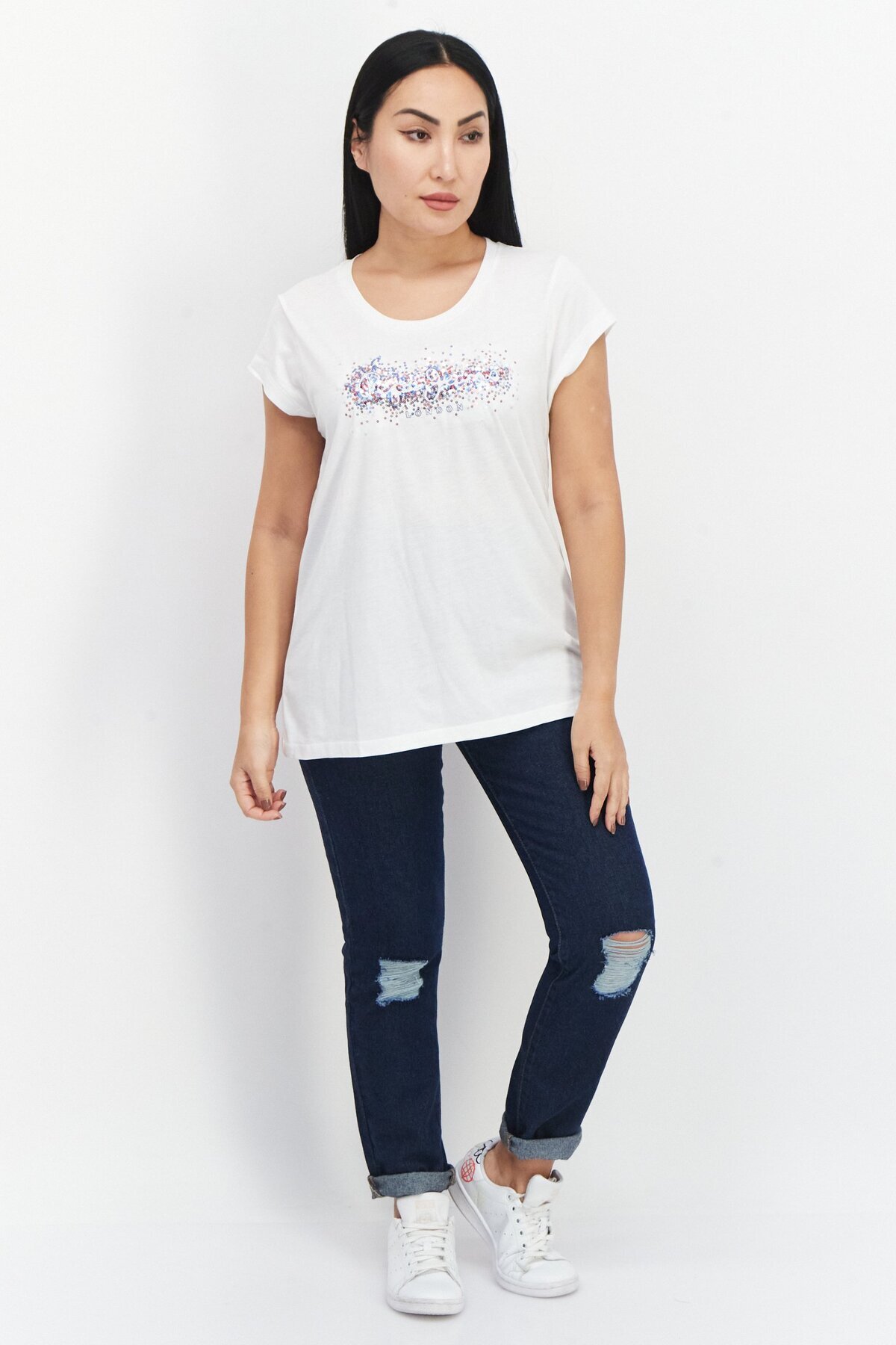 Pepe Jeans-Women Crew Neck Short Sleeves Sequins T-Shirt, White 3