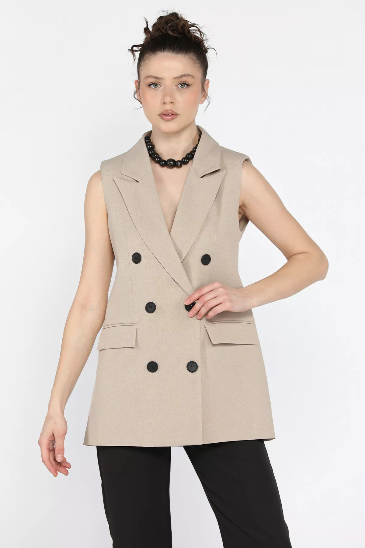 GÜLSELİ-Stone Women's Double Breasted Collar Lined Vest 1