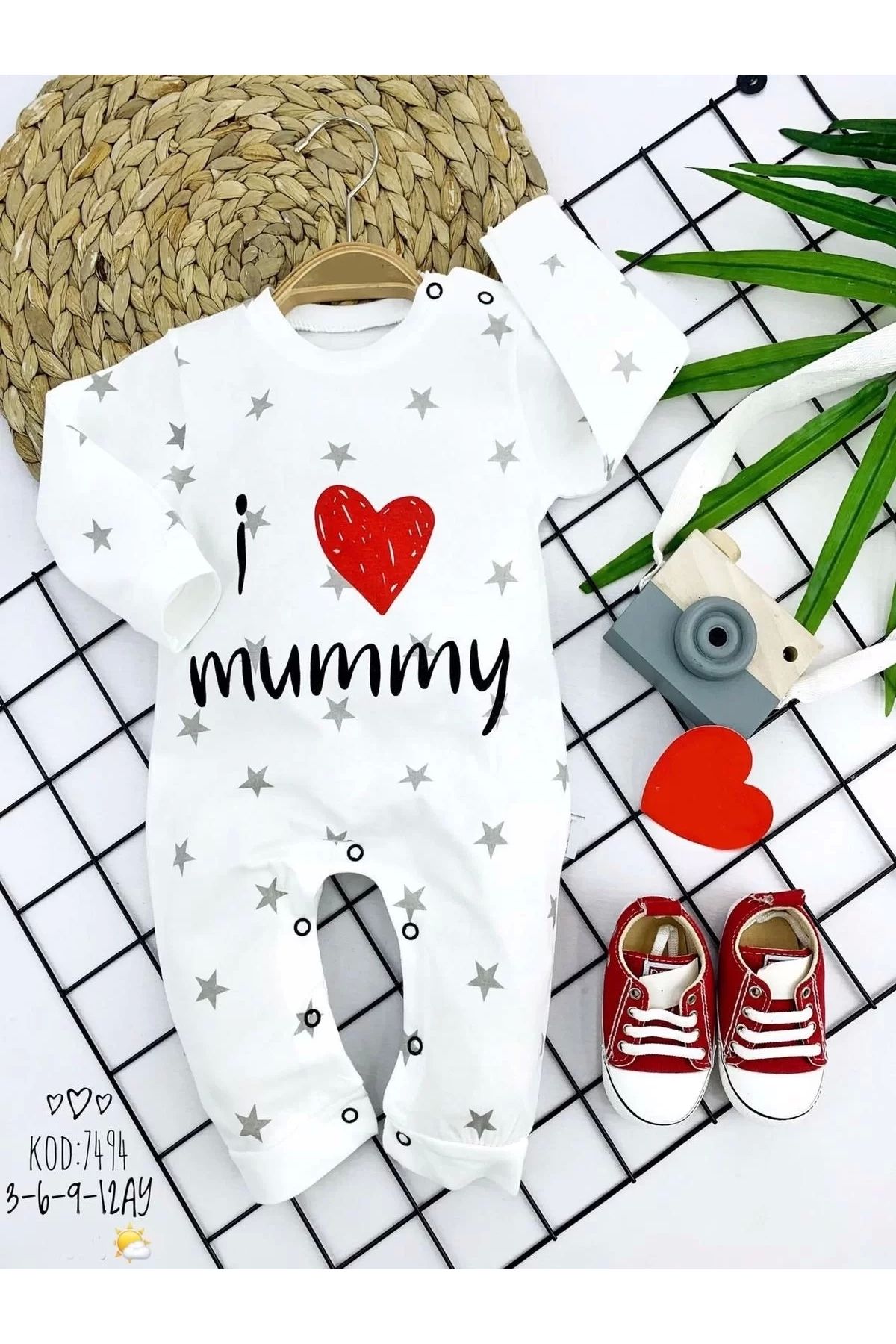 Beruflic 3-6-9-12 Ay Gümüş Yıldız I Love Mummy Baskılı Uzun Kollu Kız Erkek Bebek Tulumu Beyaz