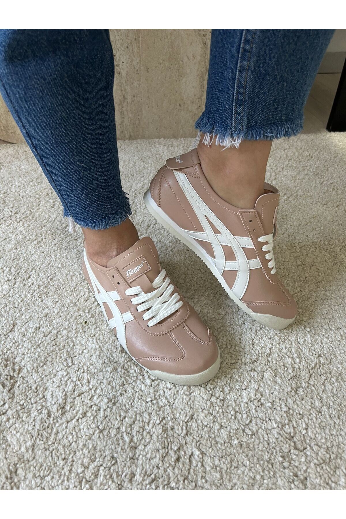 Kadın Bağcıklı Günlük Spor Ayakkabı Pudra Beyaz Sneaker