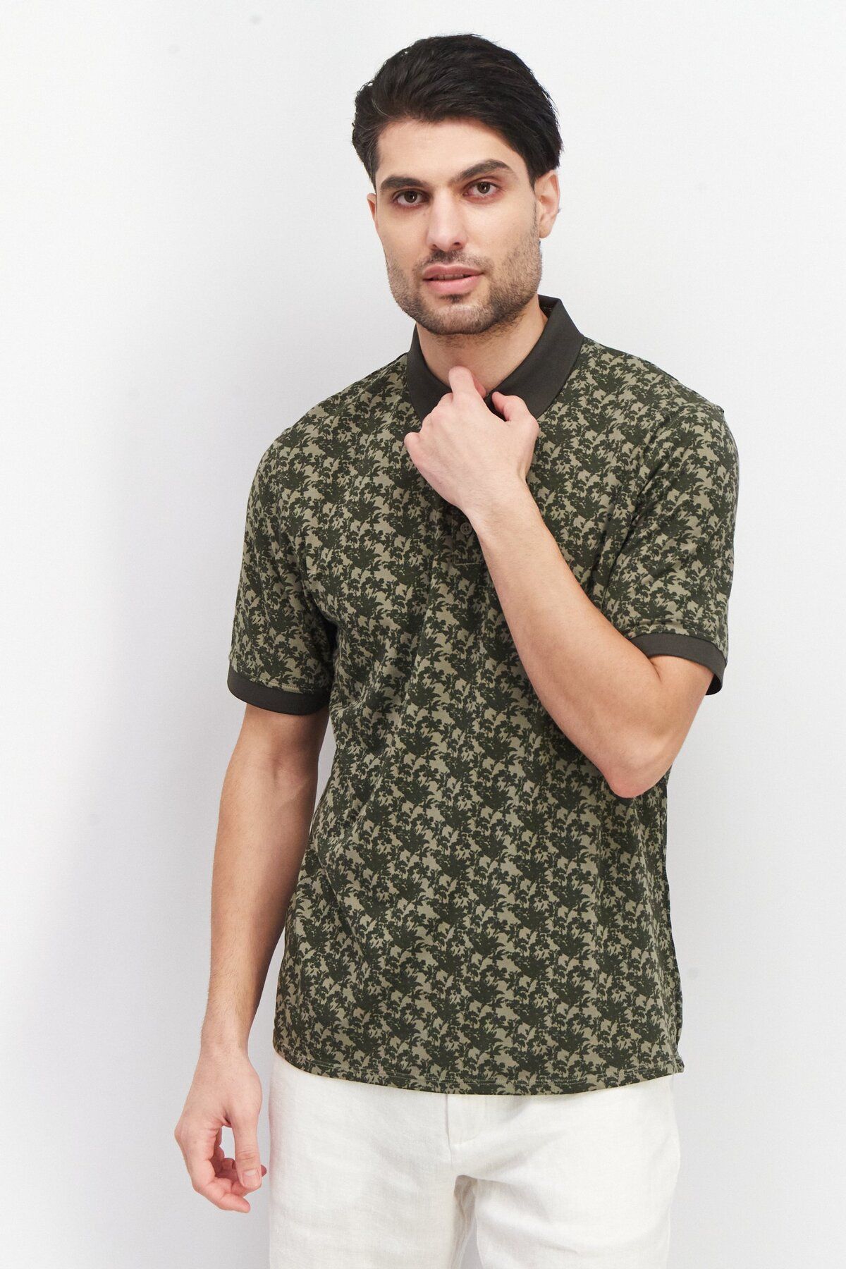 Kenneth Cole-Men Regular Fit Short Sleeve Floral Print Polo Shirt, Green 1