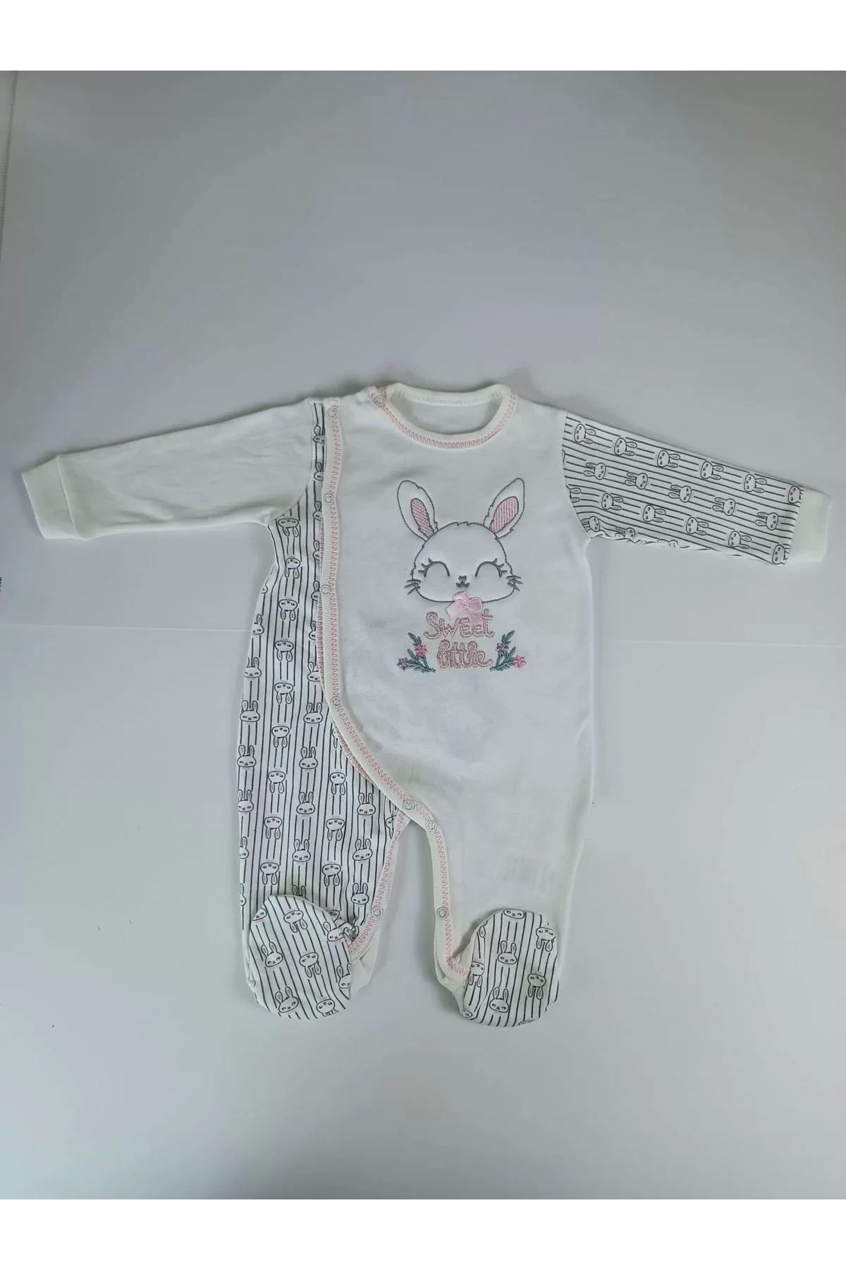 Beruflic 0-3 3-6 Ay Minik Tavşan Nakışlı Boydan Çıtçıt Kapamalı Kız Erkek Bebek Tulumu Ekru