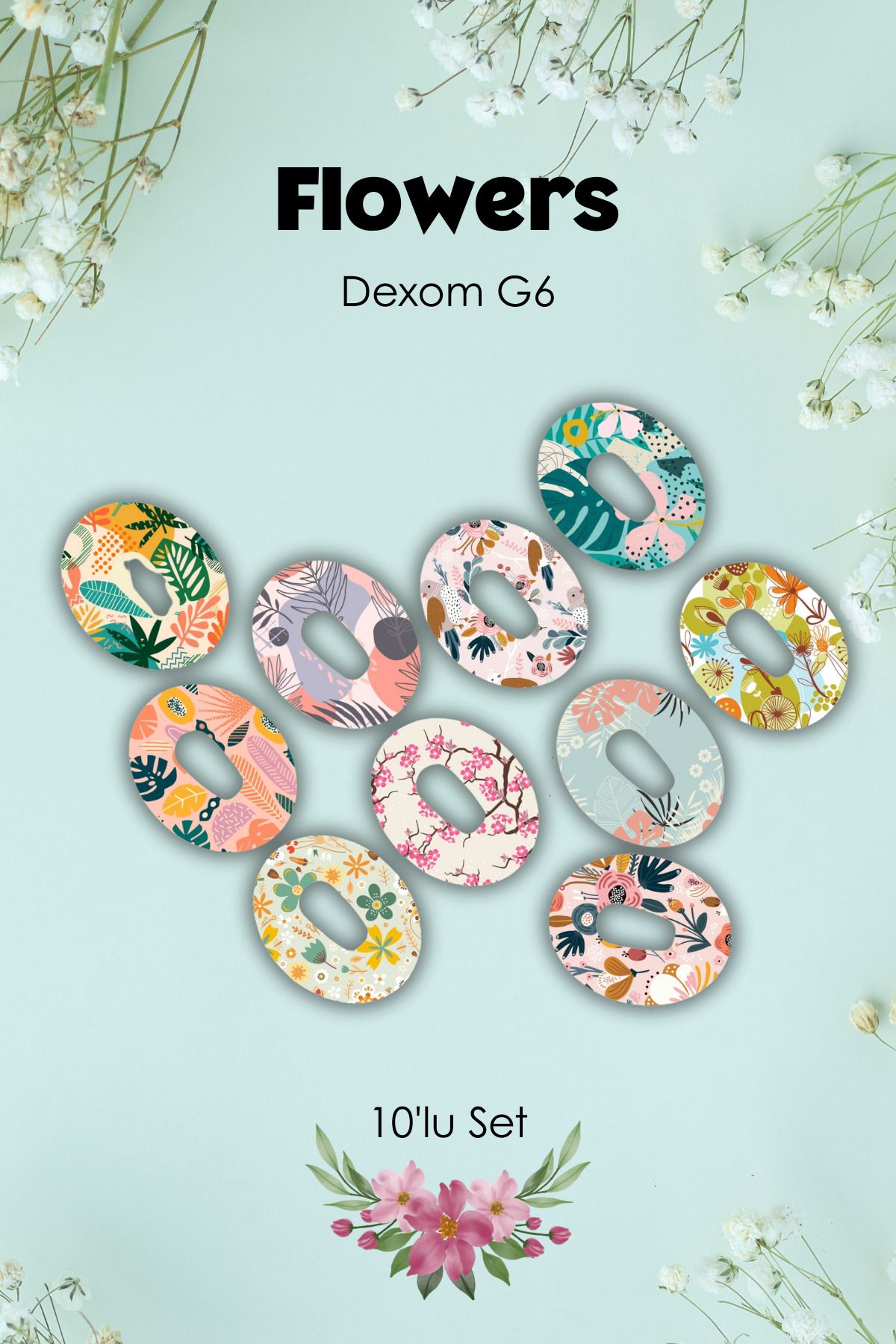 StickIT Dexcom G6 Sensör Koruyucu Bant Flowers Serisi 10'lu Paket