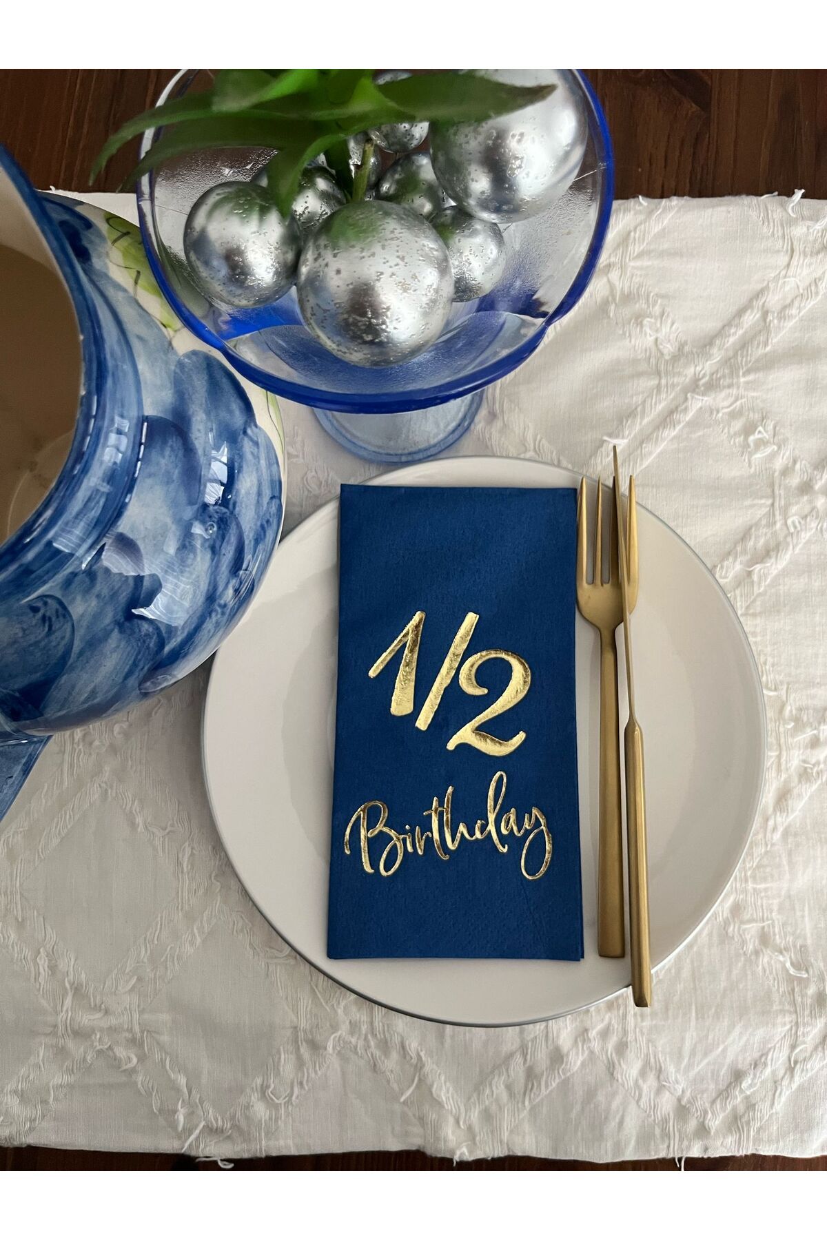 kidspartim Gold Yaldızlı Bodrum Mavisi Yarım Yaş Bırthday Garson Katlama Peçete 16 Adet
