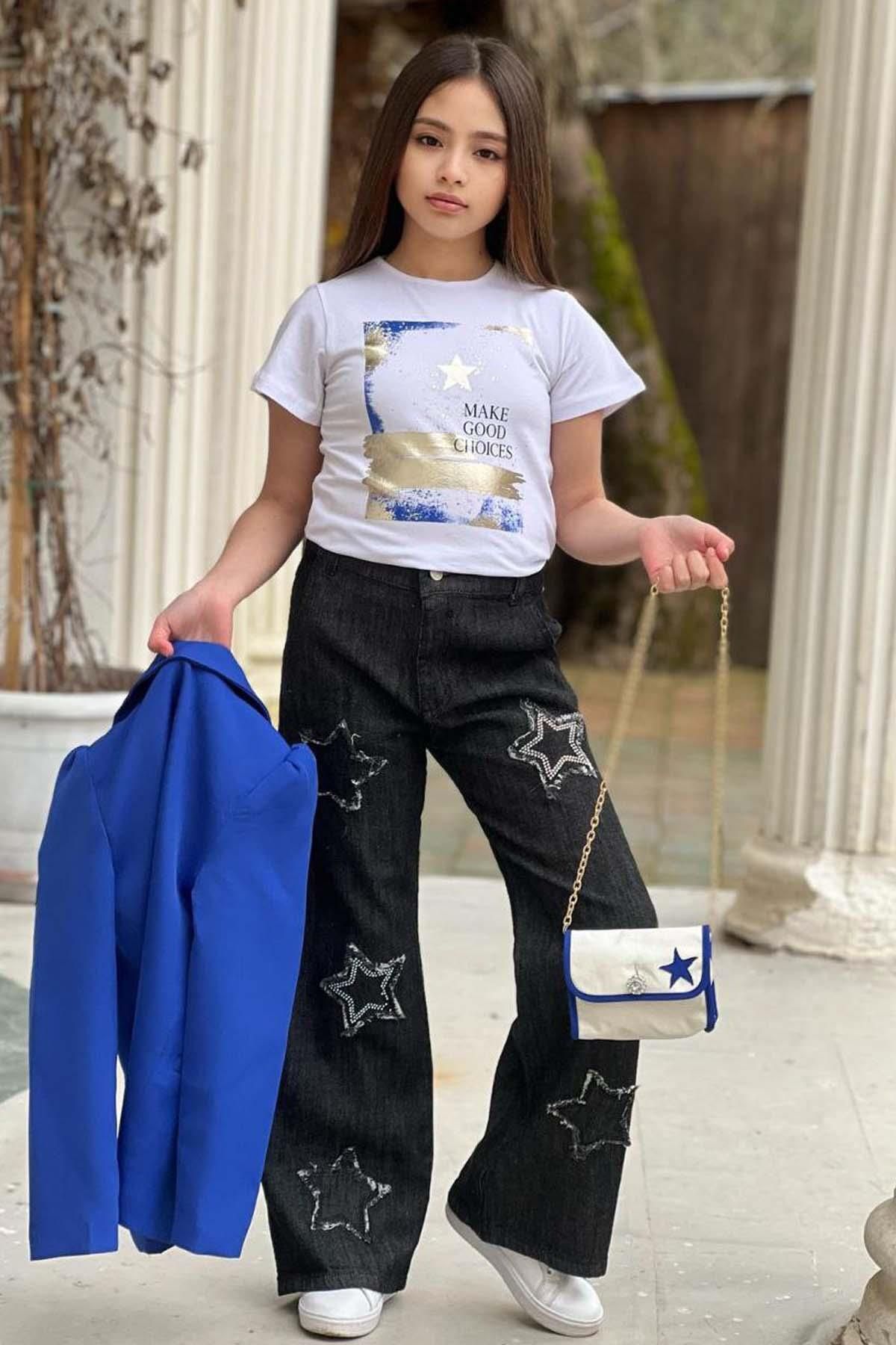 Riccotarz-Tricou imprimat pentru fete, cu croiala larga, pantaloni din denim cu detaliu stea, jacheta albastra, costum de sus 6
