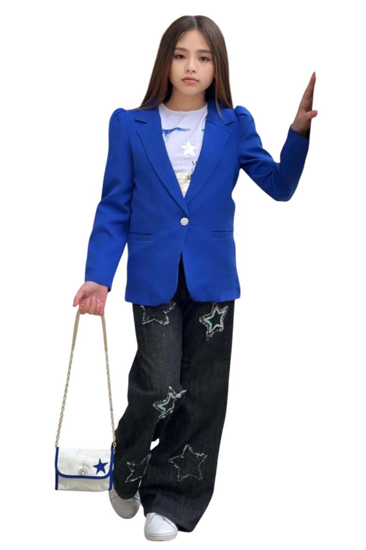 Riccotarz-Tricou imprimat pentru fete, cu croiala larga, pantaloni din denim cu detaliu stea, jacheta albastra, costum de sus 7