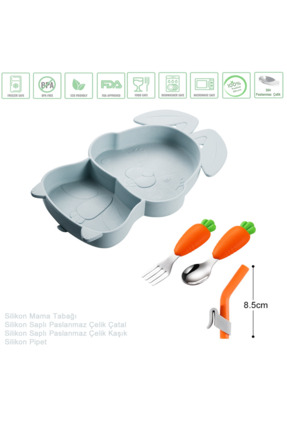 jojobebek Gri Vakumlu Silikon Mama Tabağı, Silikon Saplı Metal Uçlu Çatal Ve ...