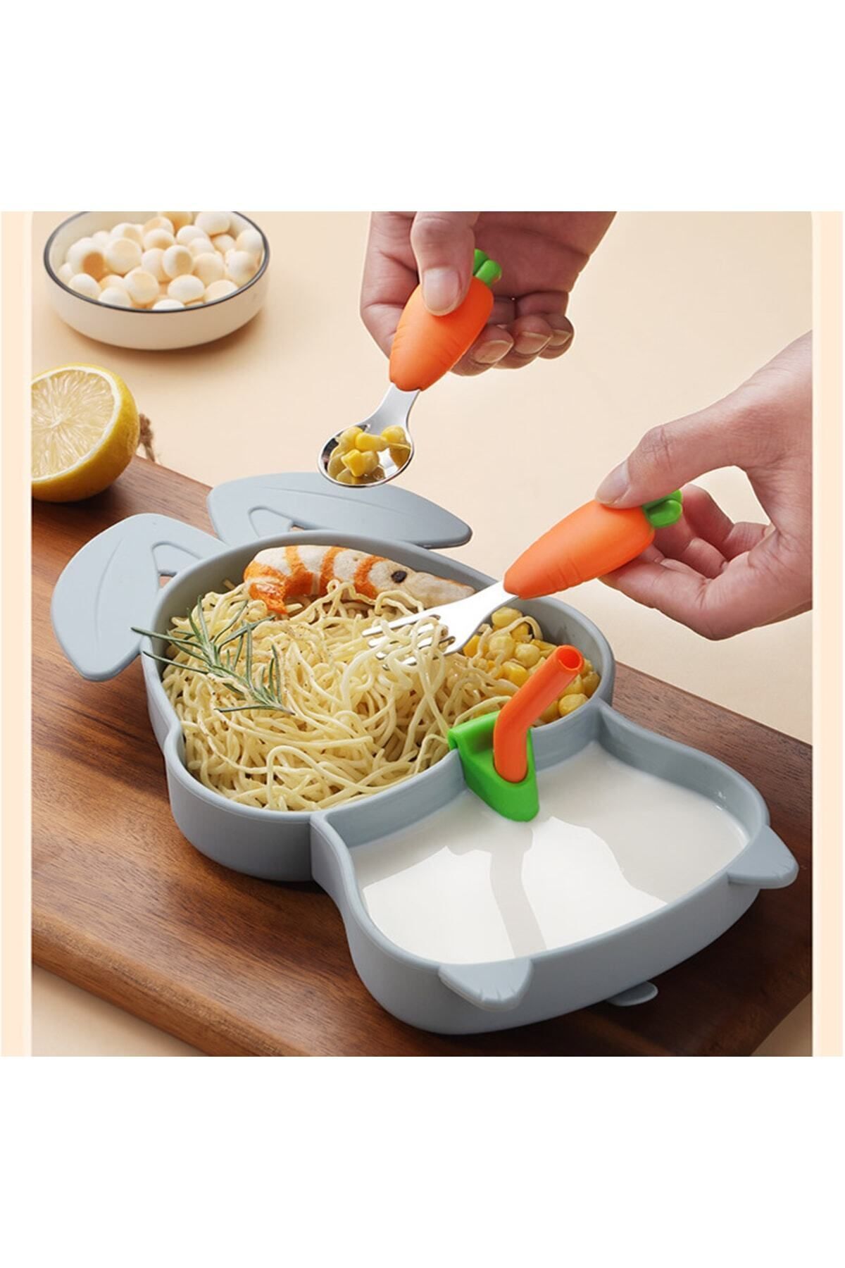 jojobebek Gri Vakumlu Silikon Mama Tabağı, Silikon Saplı Metal Uçlu Çatal Ve Kaşık ( Tavşan Figürlü ) fotoğrafı 4 (önizleme)