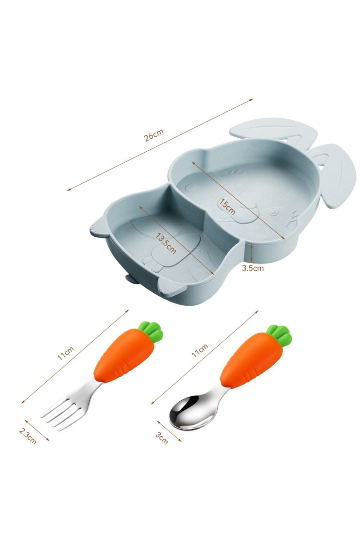 jojobebek Gri Vakumlu Silikon Mama Tabağı, Silikon Saplı Metal Uçlu Çatal Ve Kaşık ( Tavşan Figürlü ) fotoğrafı 6 (önizleme)