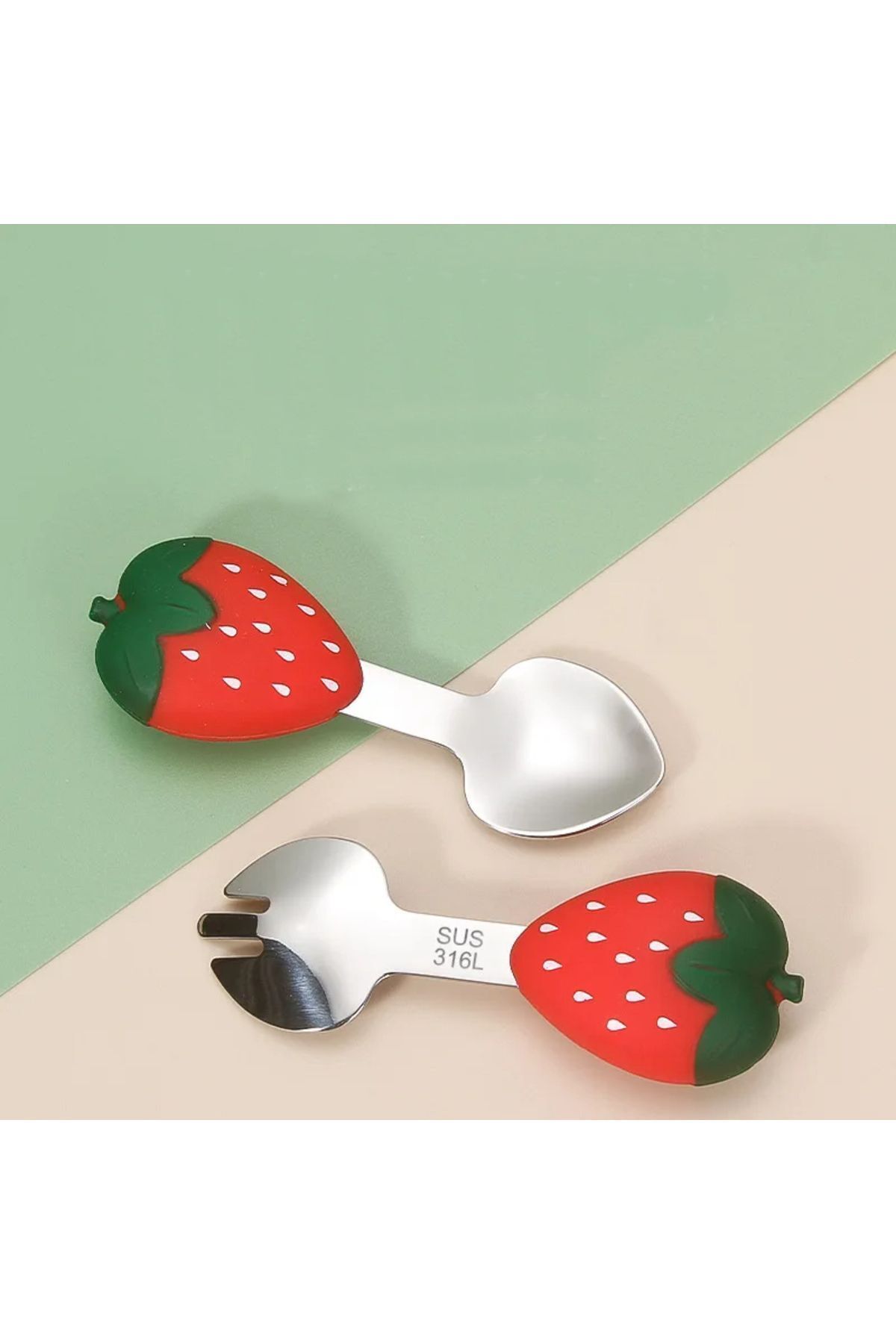 jojobebek Silikon Saplı Paslanmaz Çelik Uçlu Çocuk Kaşık -Çatal Seti - Çilek Figürlü 9+Ay fotoğrafı 4 (önizleme)